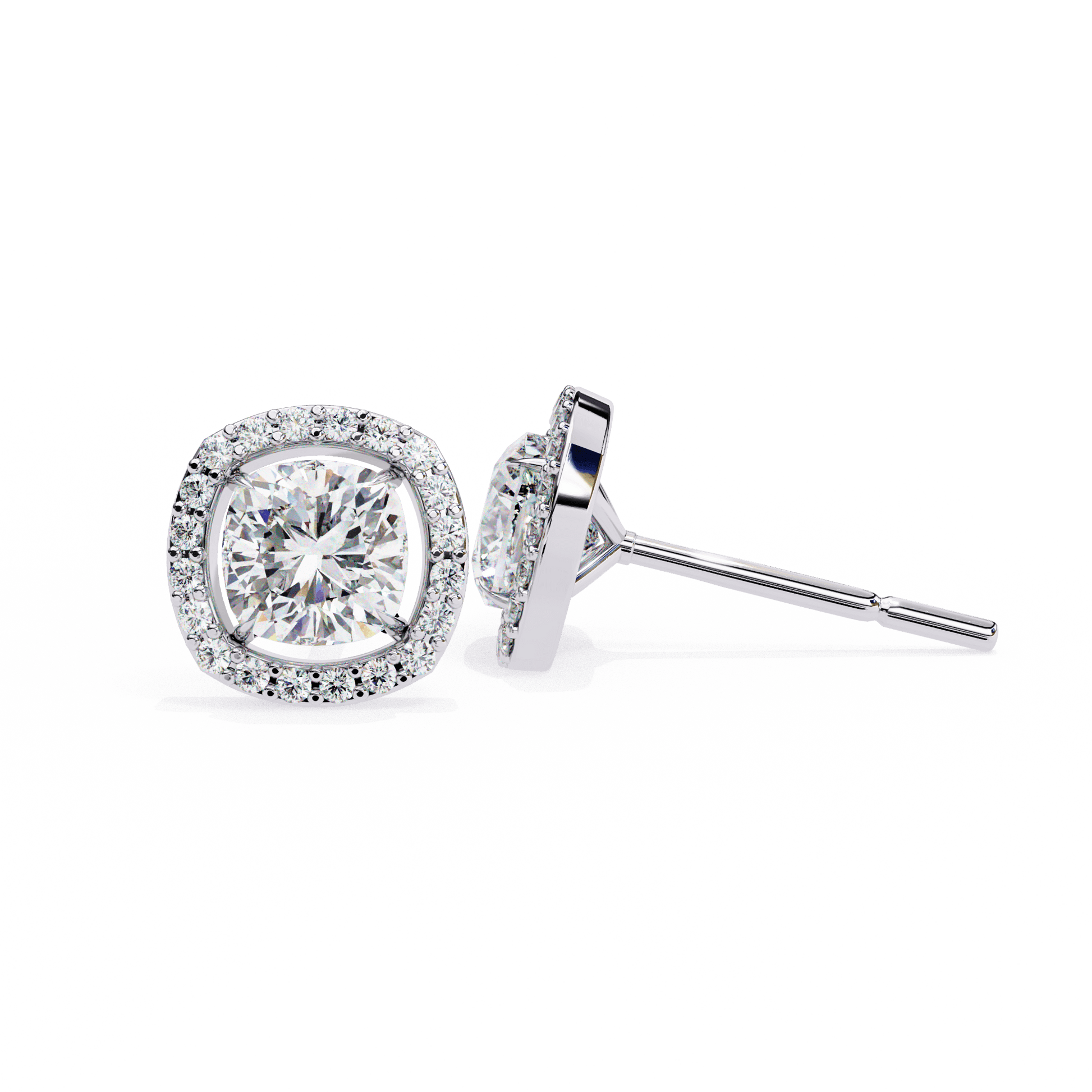 Carlotta cushion-cut stud earrings with floating halo design by Carat House Dubai, featuring sparkling gemstone settings.