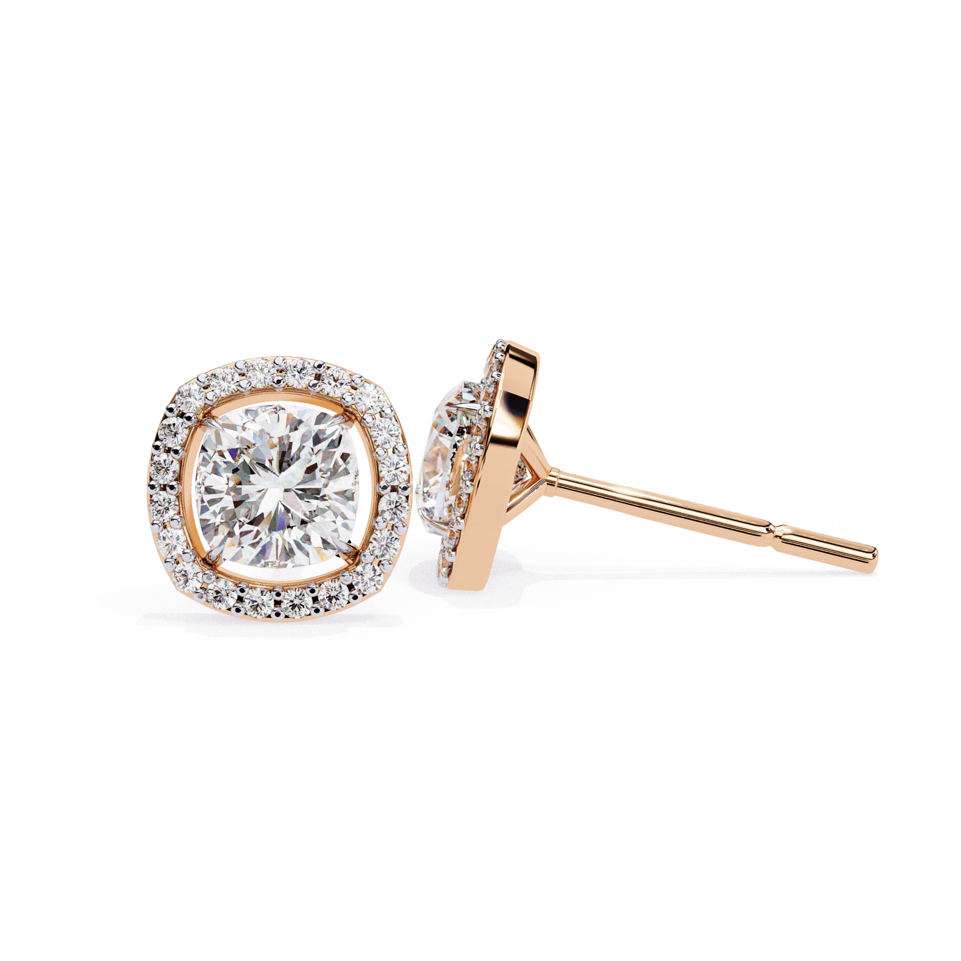 Carlotta cushion-cut stud earrings with floating halo from Carat House Dubai, featuring sparkling gemstones and elegant design.