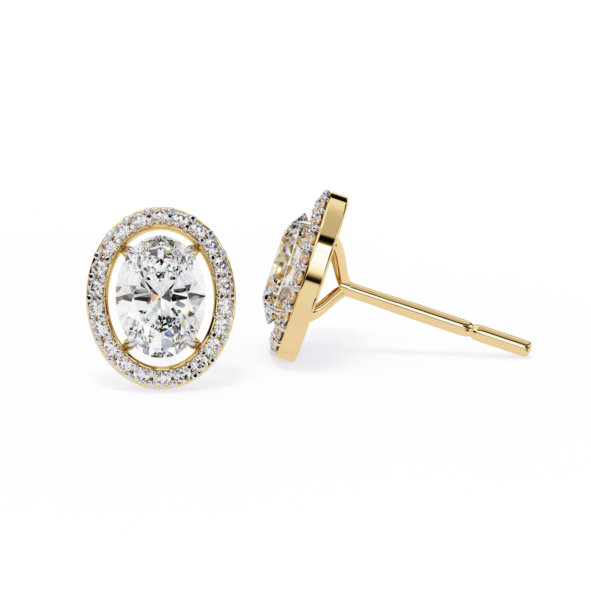 Oval-cut stud earrings with floating halo design by Carat House Dubai, featuring sparkling gemstone accents.