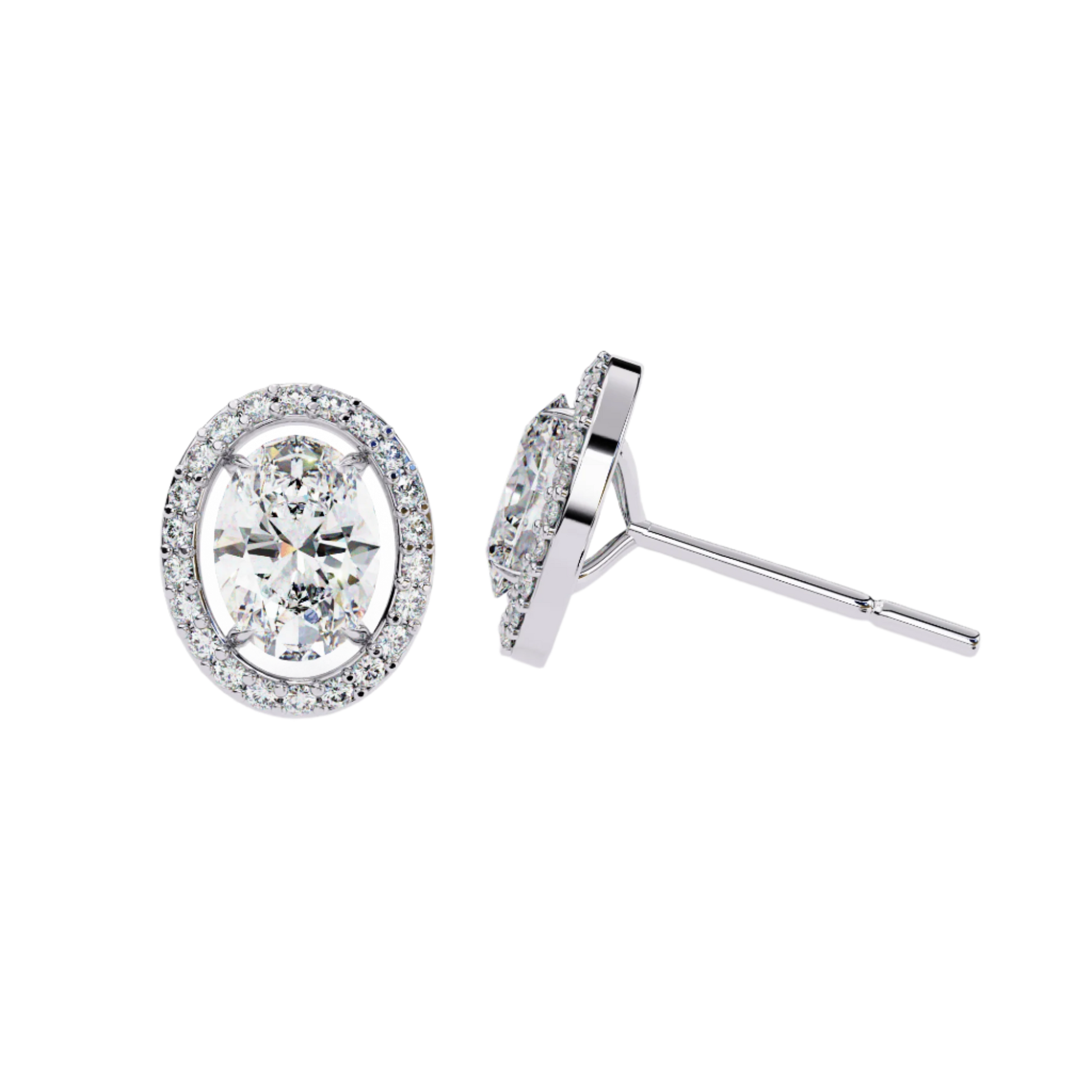 Oval-cut stud earrings with floating halo design by Carat House Dubai, featuring elegant sparkle and sterling silver setting.