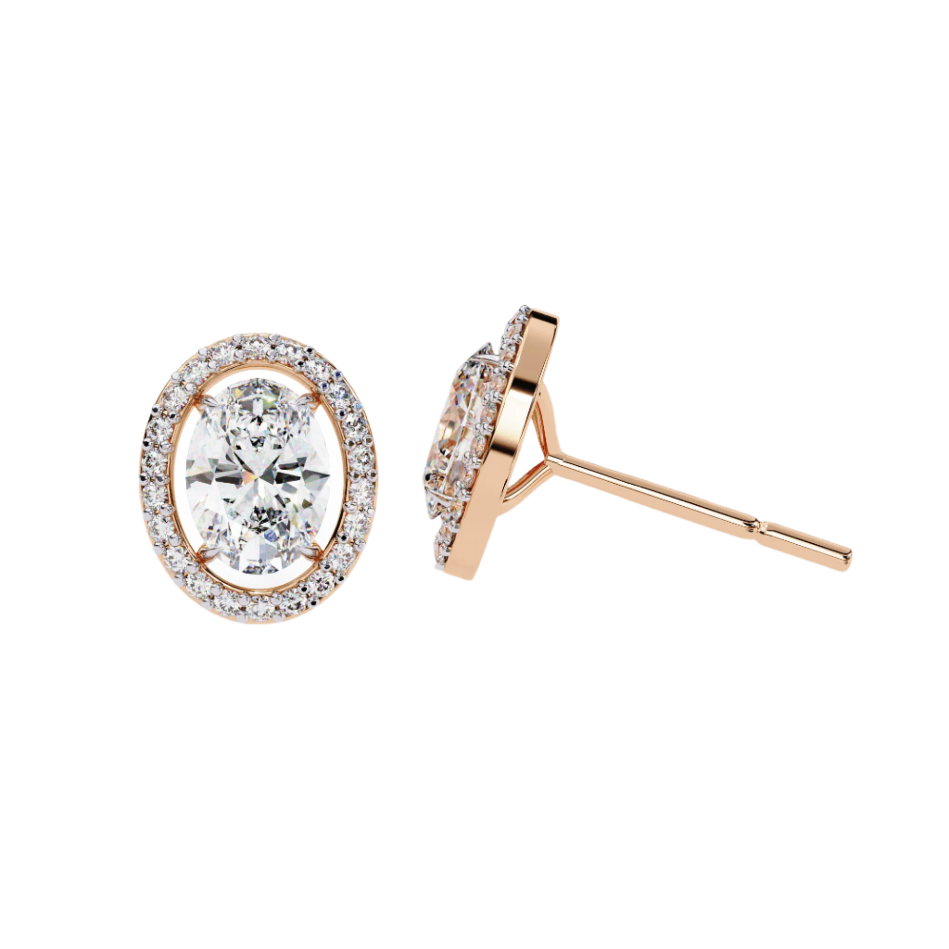 Oval-cut stud earrings with floating halo design by Carat House Dubai, featuring sparkling gemstones and elegant craftsmanship.
