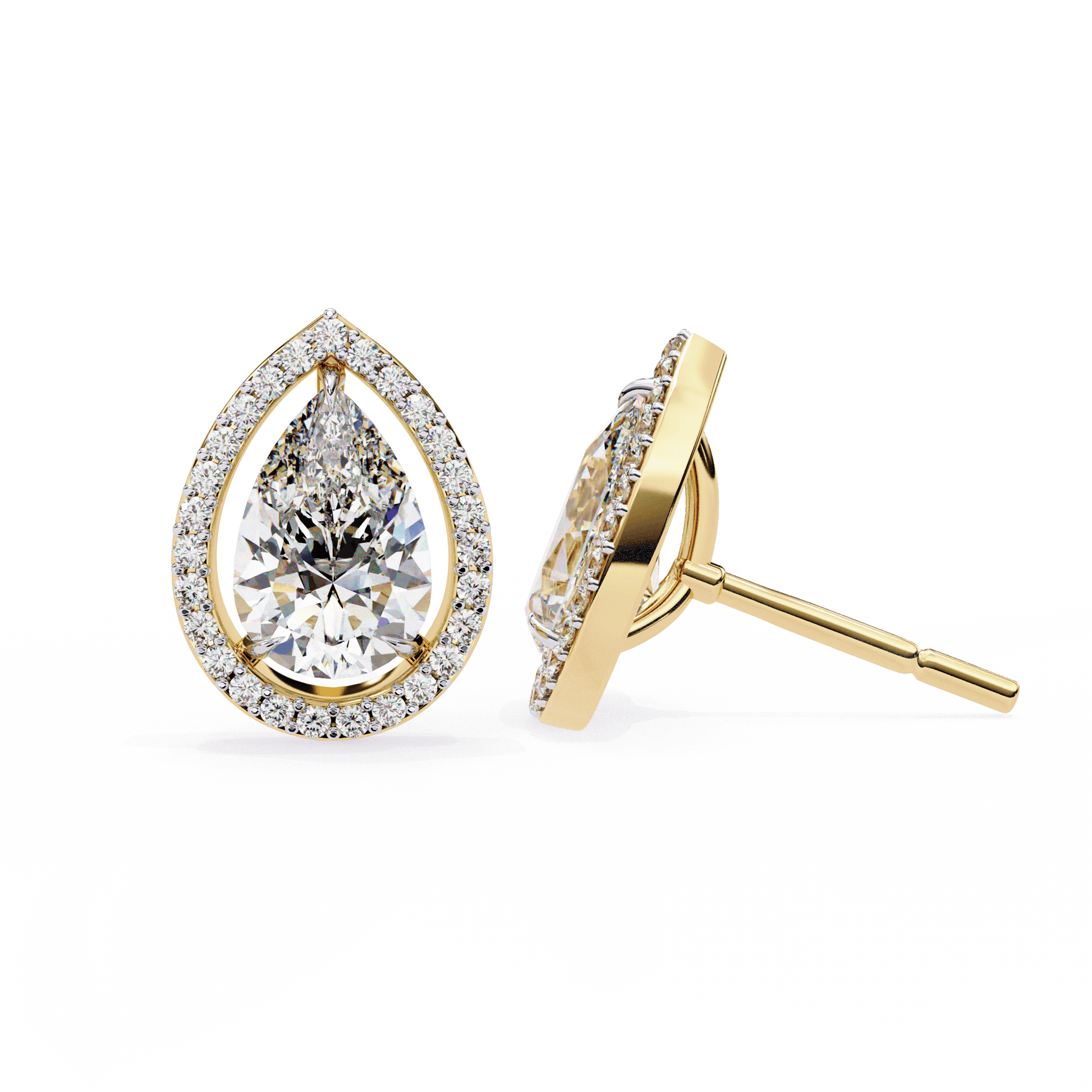 Pear-cut stud earrings with a floating halo design by Carat House Dubai, featuring elegant gemstone settings.