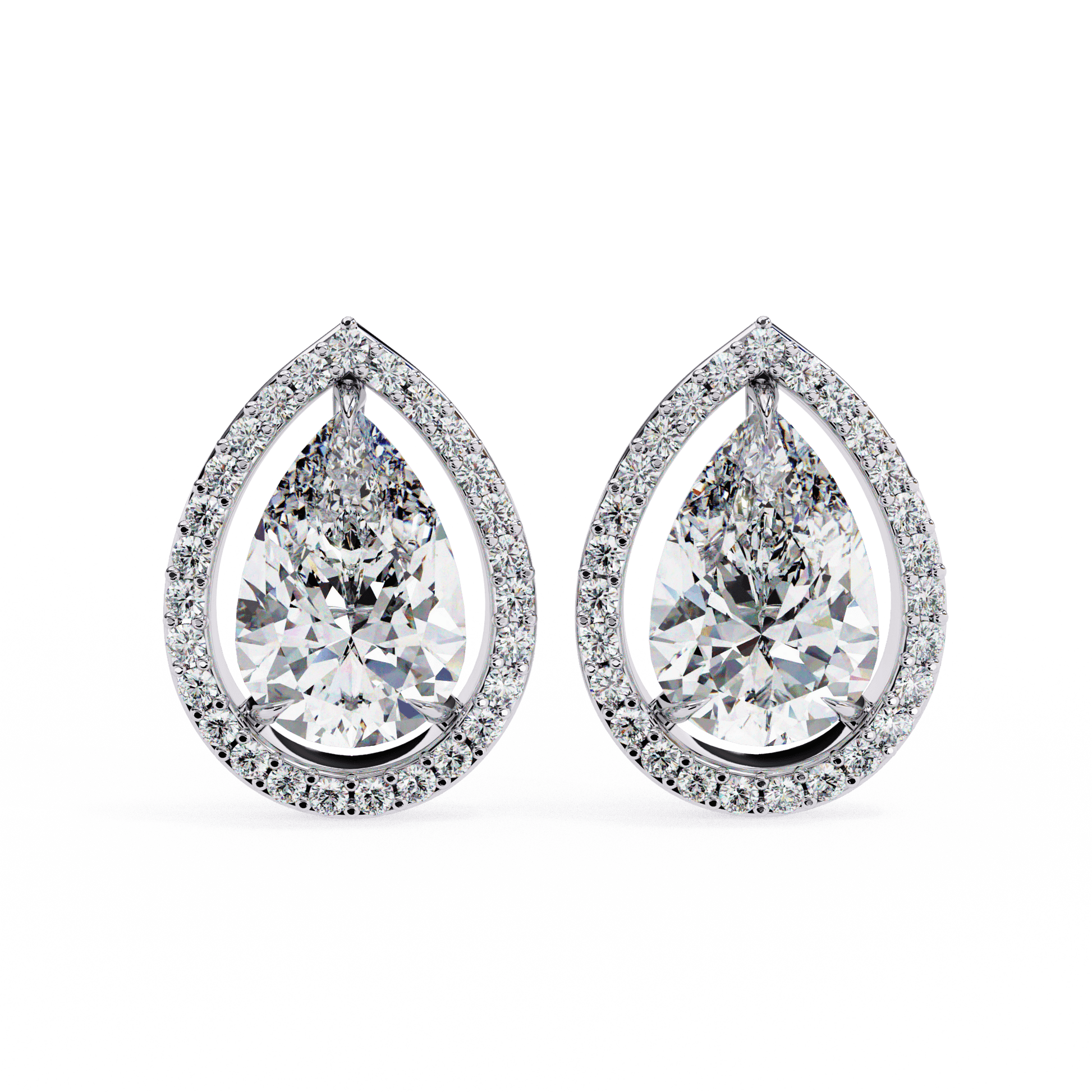 Candice– Pear-Cut Stud Earrings with Floating Halo — diamond stud earrings — floating halo — lab grown diamond and natural diamond — 18k white gold and platinum — Carat House
