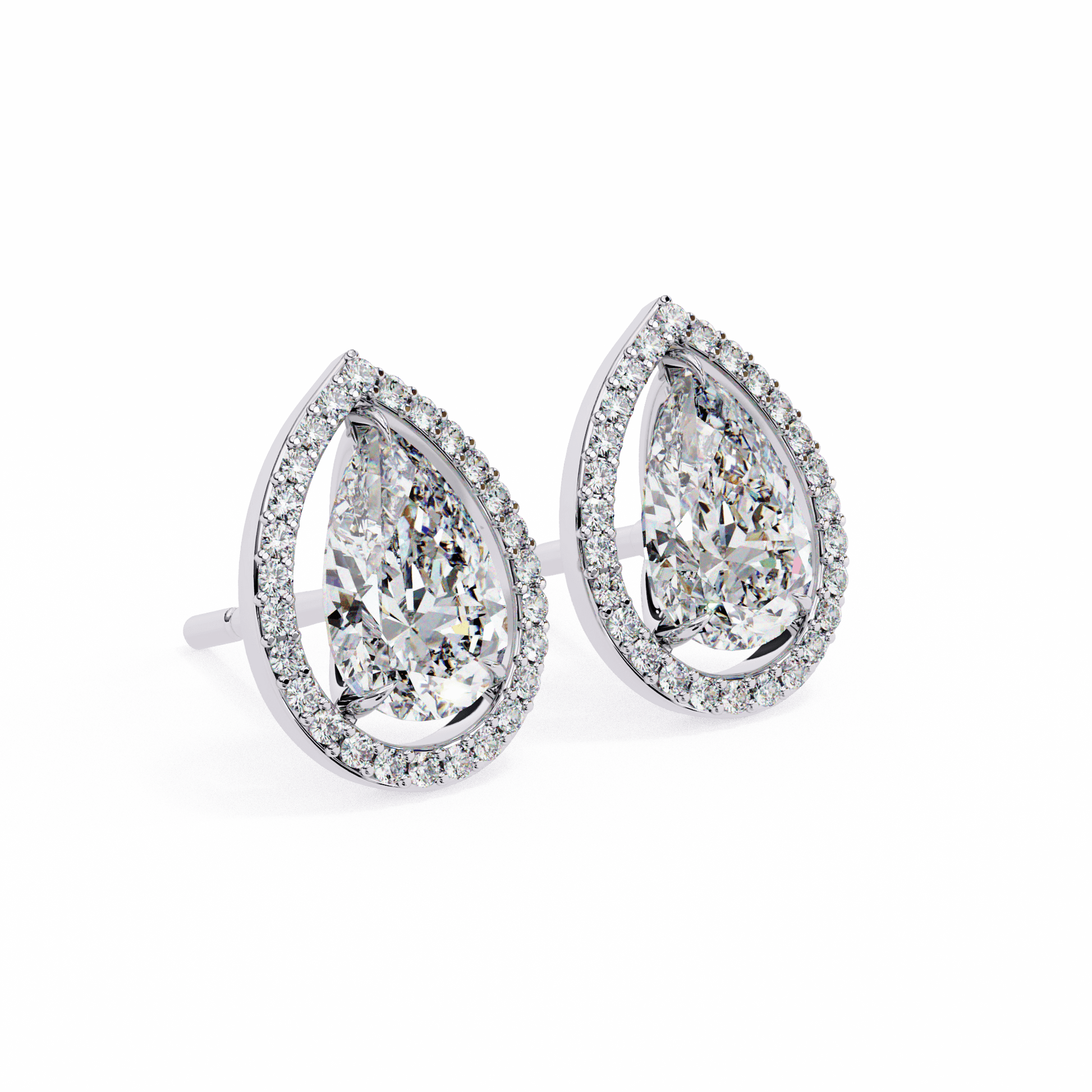 Pear-cut stud earrings with floating halo by Carat House Dubai, featuring sparkling gemstone settings and elegant design.