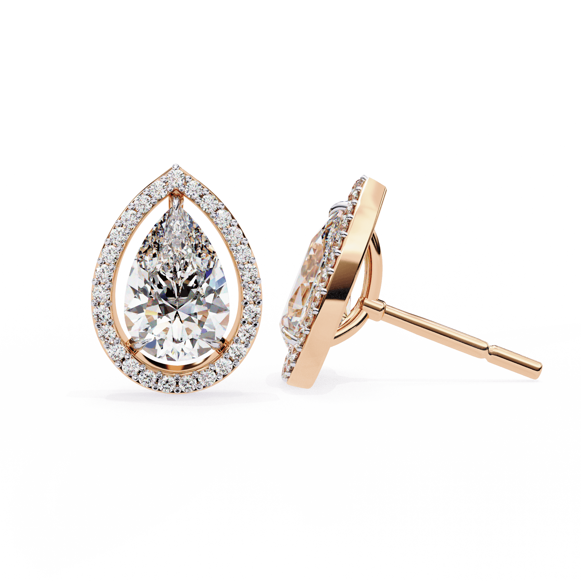 Pear-cut stud earrings with floating halo design by Carat House Dubai, featuring sparkling gemstones and elegant craftsmanship.