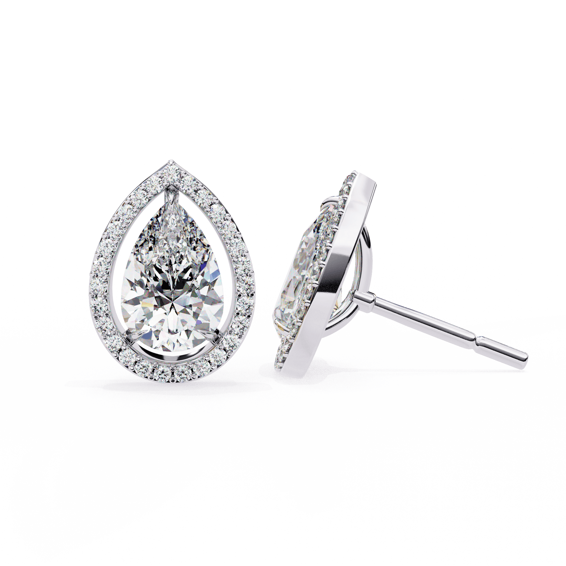 Pear-cut stud earrings with floating halo design by Carat House Dubai, featuring elegant gemstone settings.