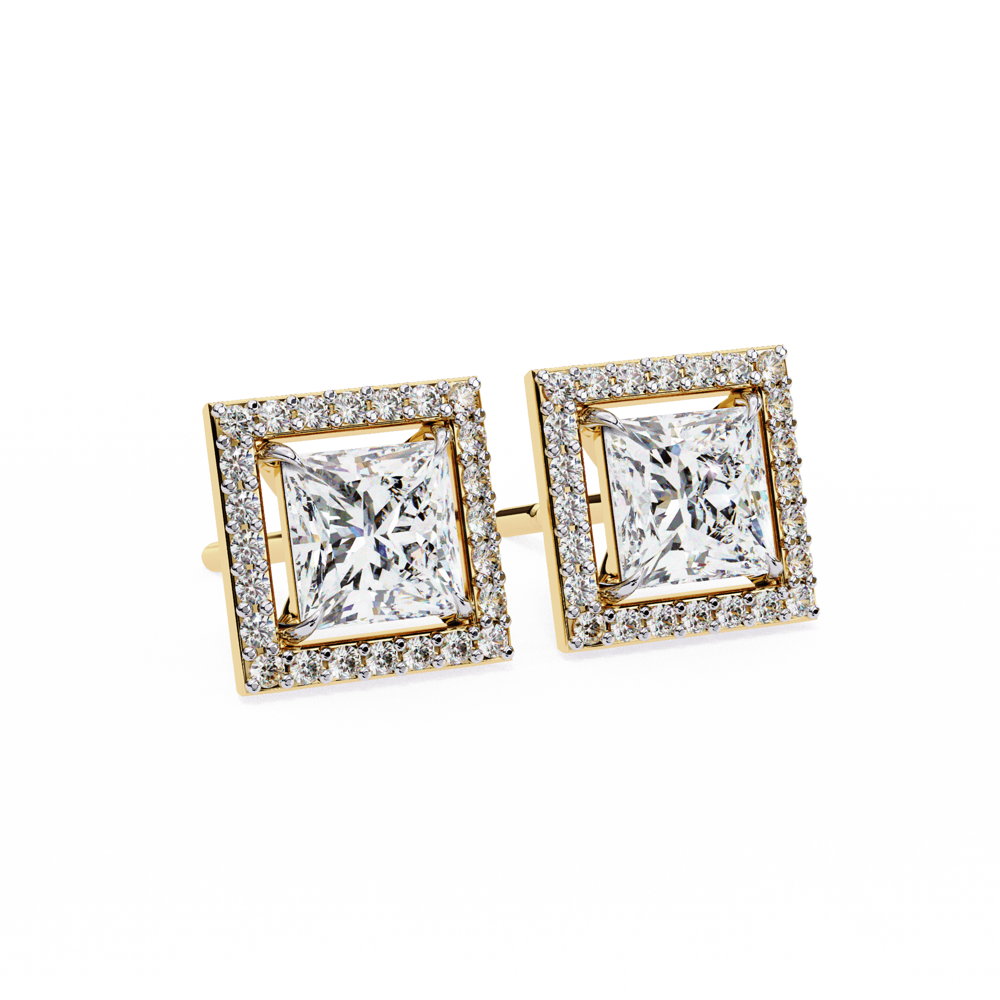 Carat House Dubai Princess-Cut Stud Earrings with Floating Halo, elegant jewelry featuring sparkling gemstones and a classic design.