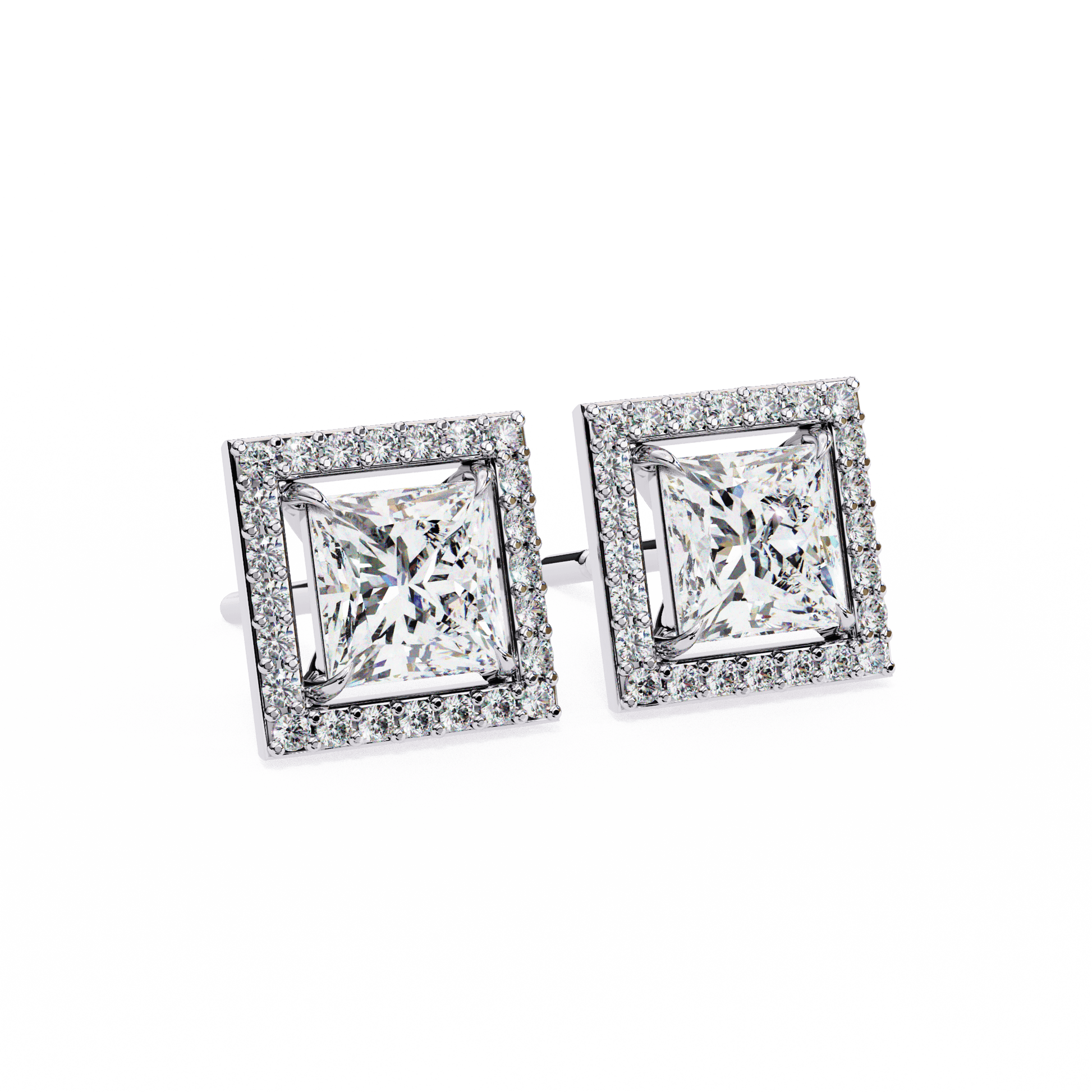 Calliope Princess-Cut Stud Earrings with Floating Halo by Carat House Dubai, close-up of sparkling diamond earrings on a white background.