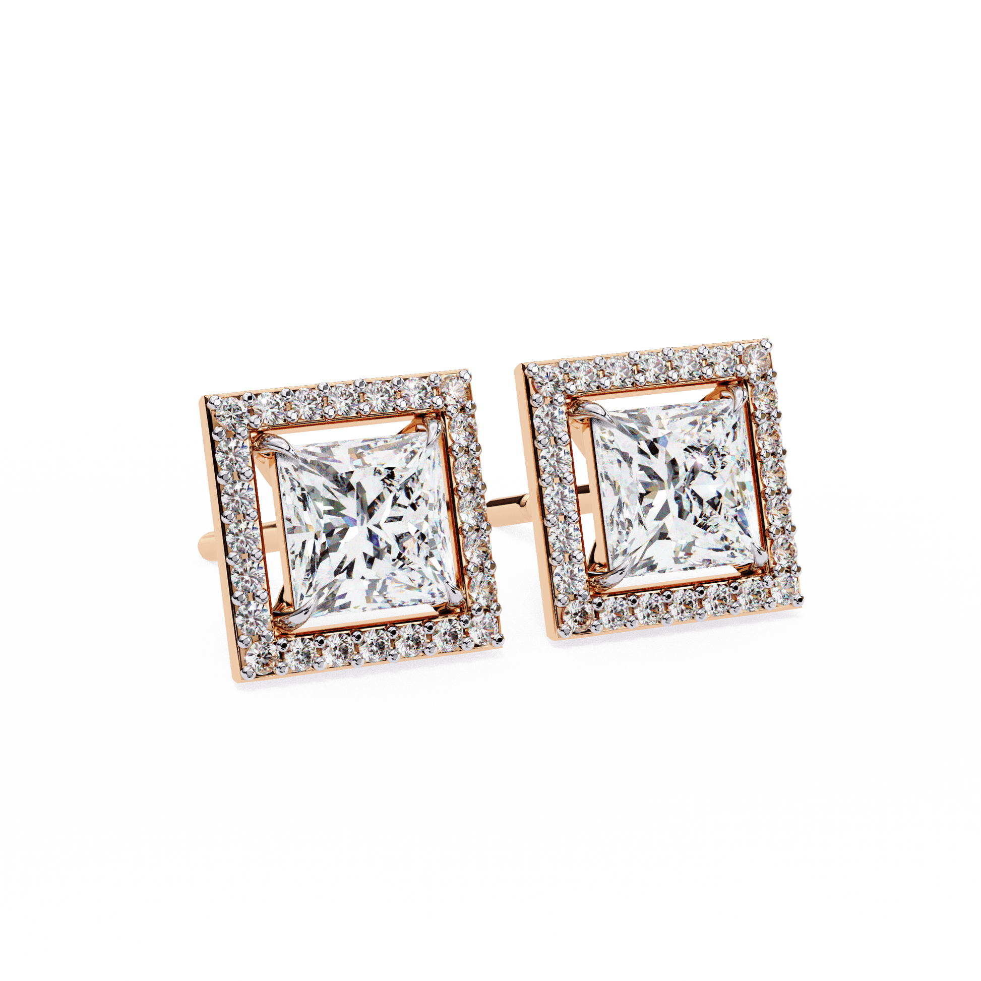 Calliope princess-cut stud earrings with floating halo by Carat House Dubai, featuring sparkling gemstones and elegant design.
