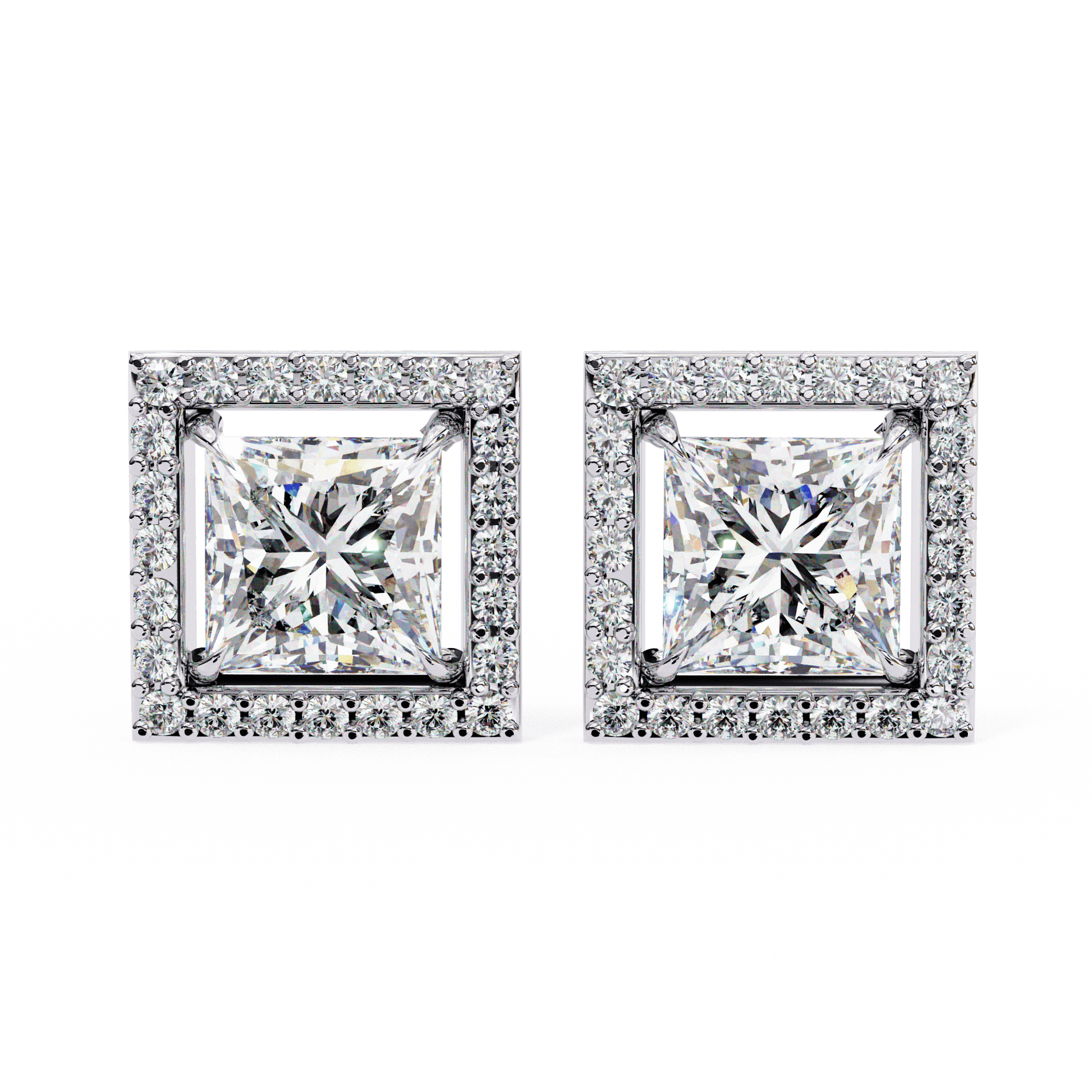 Calliope – Princess-Cut Stud Earrings with Floating Halo — diamond stud earrings — floating halo — lab grown diamond and natural diamond — 18k white gold and platinum — Carat House