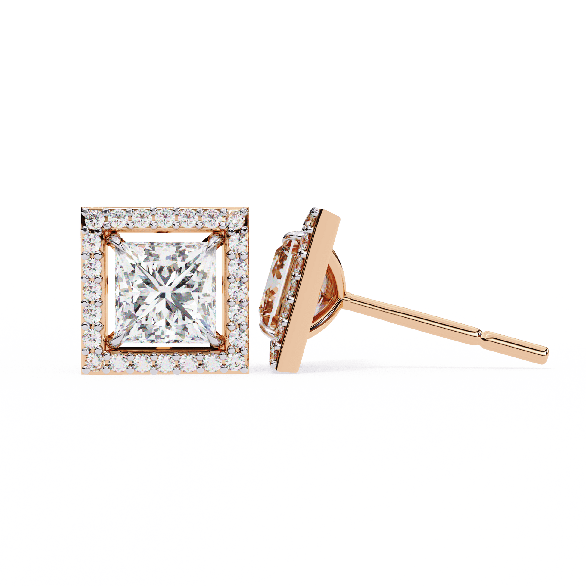 Carat House Dubai Calliope princess-cut stud earrings with floating halo, showcasing sparkling gemstones and elegant design.