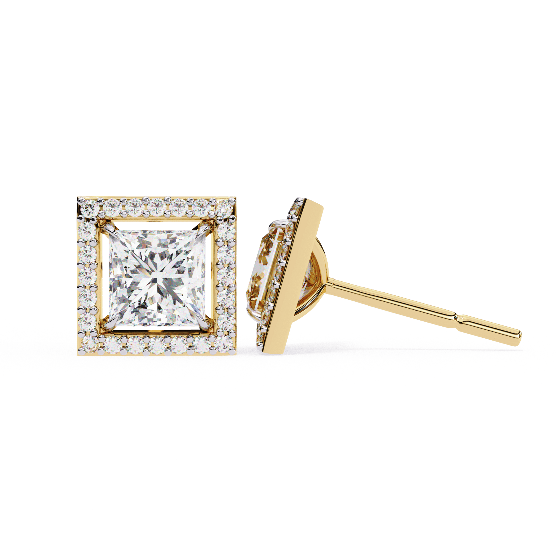 Princess-cut stud earrings with floating halo by Carat House Dubai, featuring sparkling gemstones and elegant design.