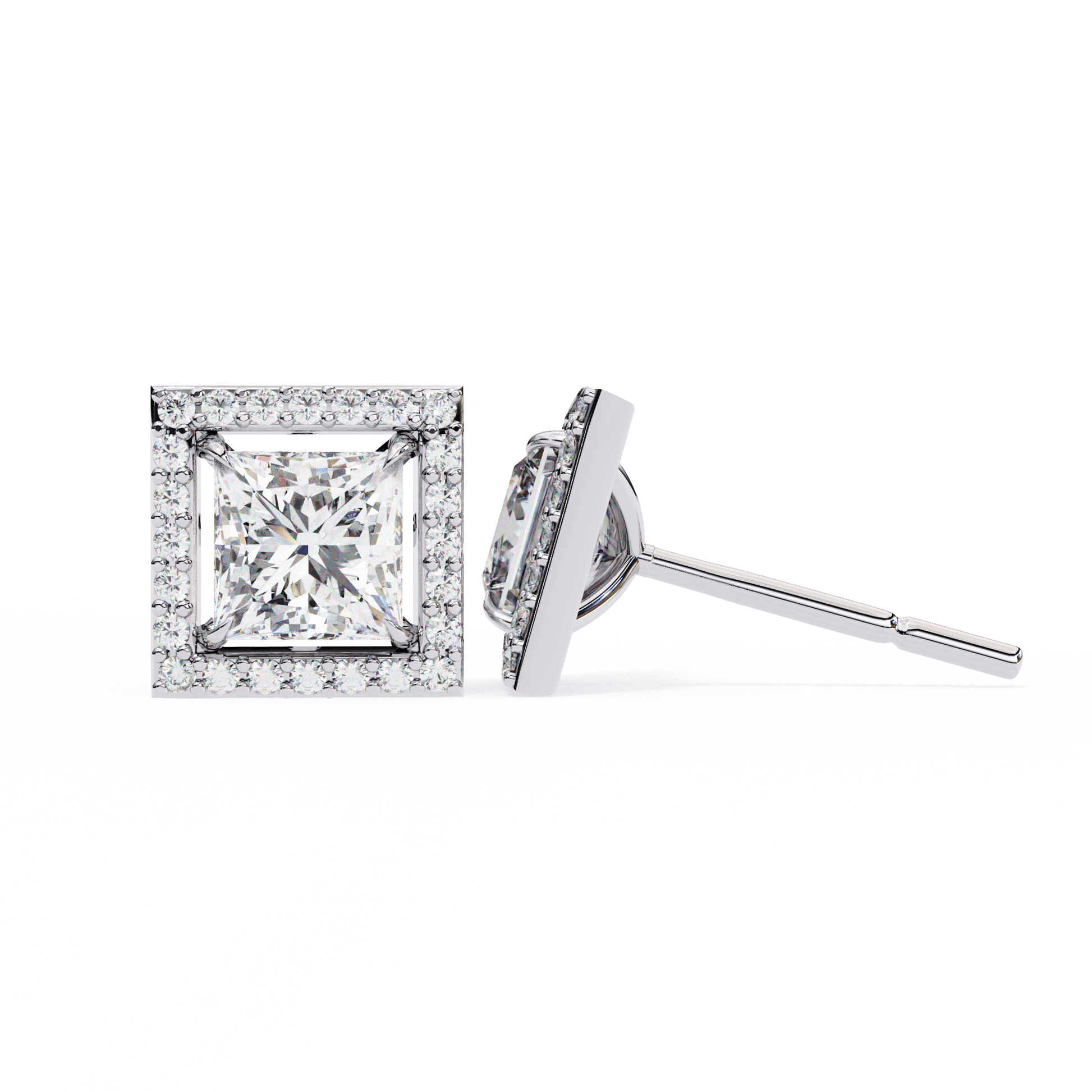 Carat House Dubai Calliope princess-cut stud earrings with floating halo, featuring sparkling gemstones and elegant silver settings.