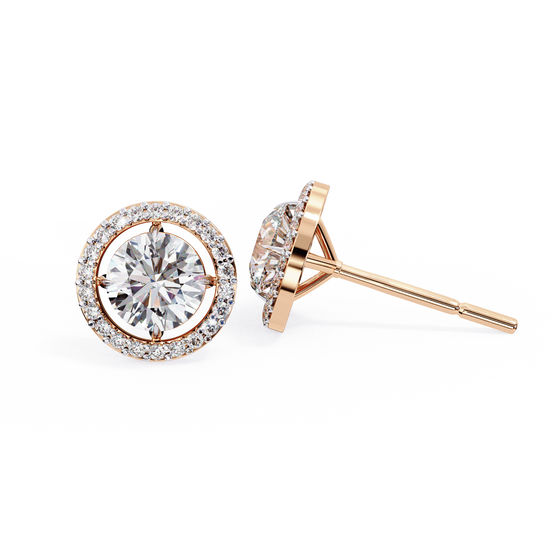 Round-cut stud earrings with floating halo design by Carat House Dubai, featuring sparkling gemstones in a classic setting.