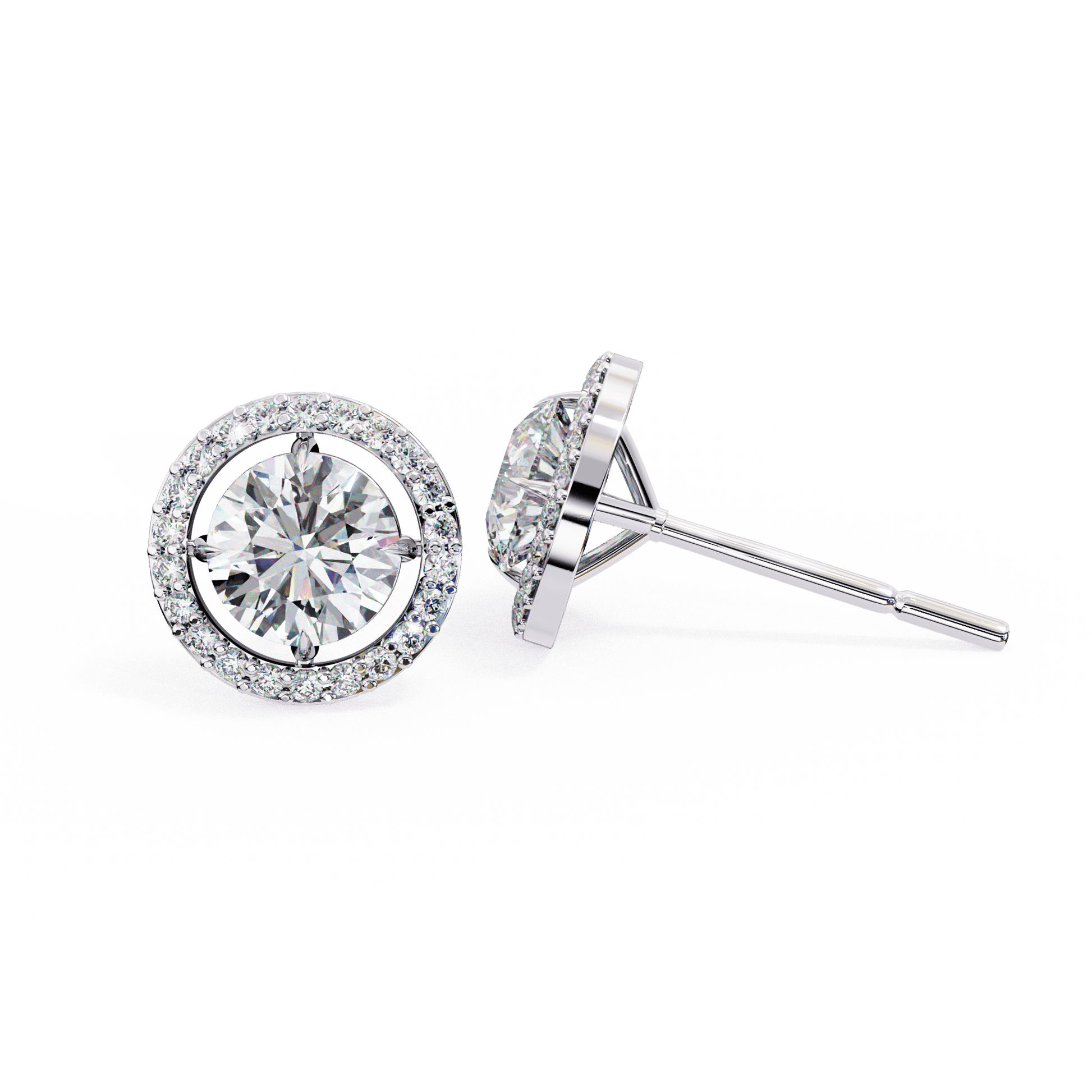Carat House Dubai Brooke round-cut stud earrings with floating halo, featuring sparkling gemstones and sleek silver setting.