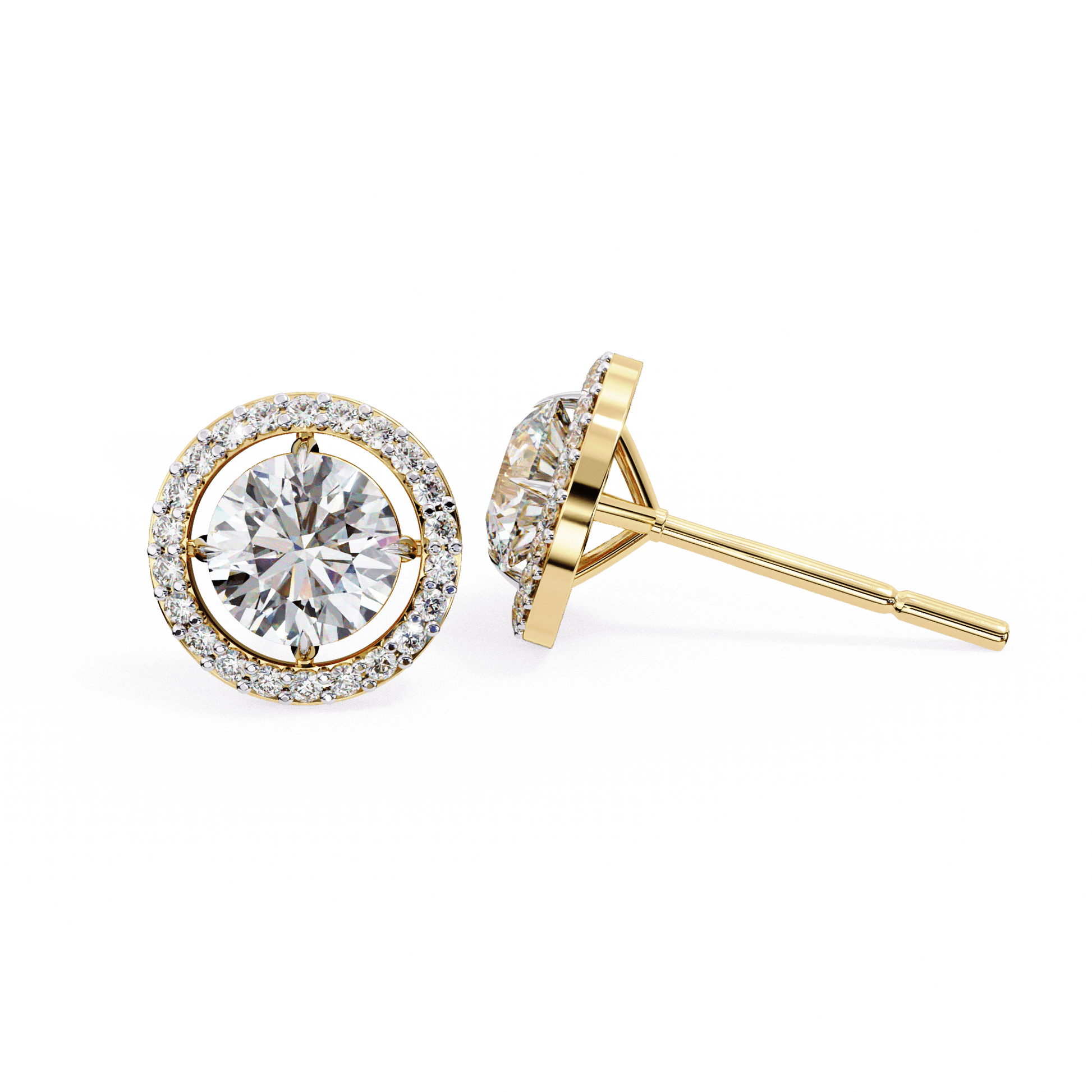 Round-cut stud earrings with floating halo design from Carat House Dubai, featuring sparkling gemstones set in a sleek metal finish.