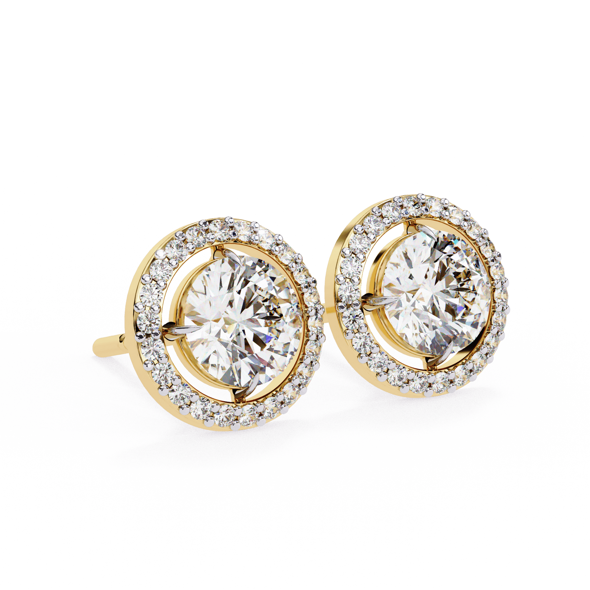 Round-cut stud earrings with floating halo design by Carat House Dubai, featuring sparkling gemstones in a classic style.