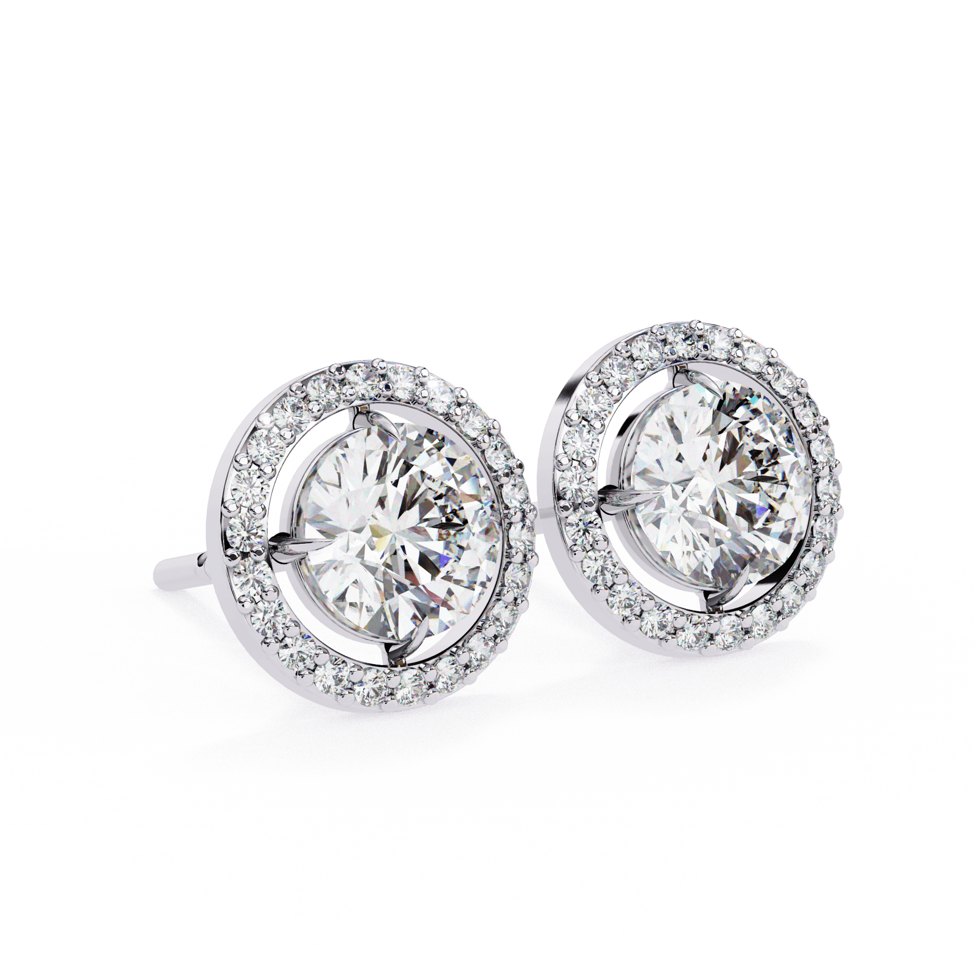 Round-cut stud earrings with floating halo design by Carat House Dubai, showcasing sparkling gemstones and elegant craftsmanship.
