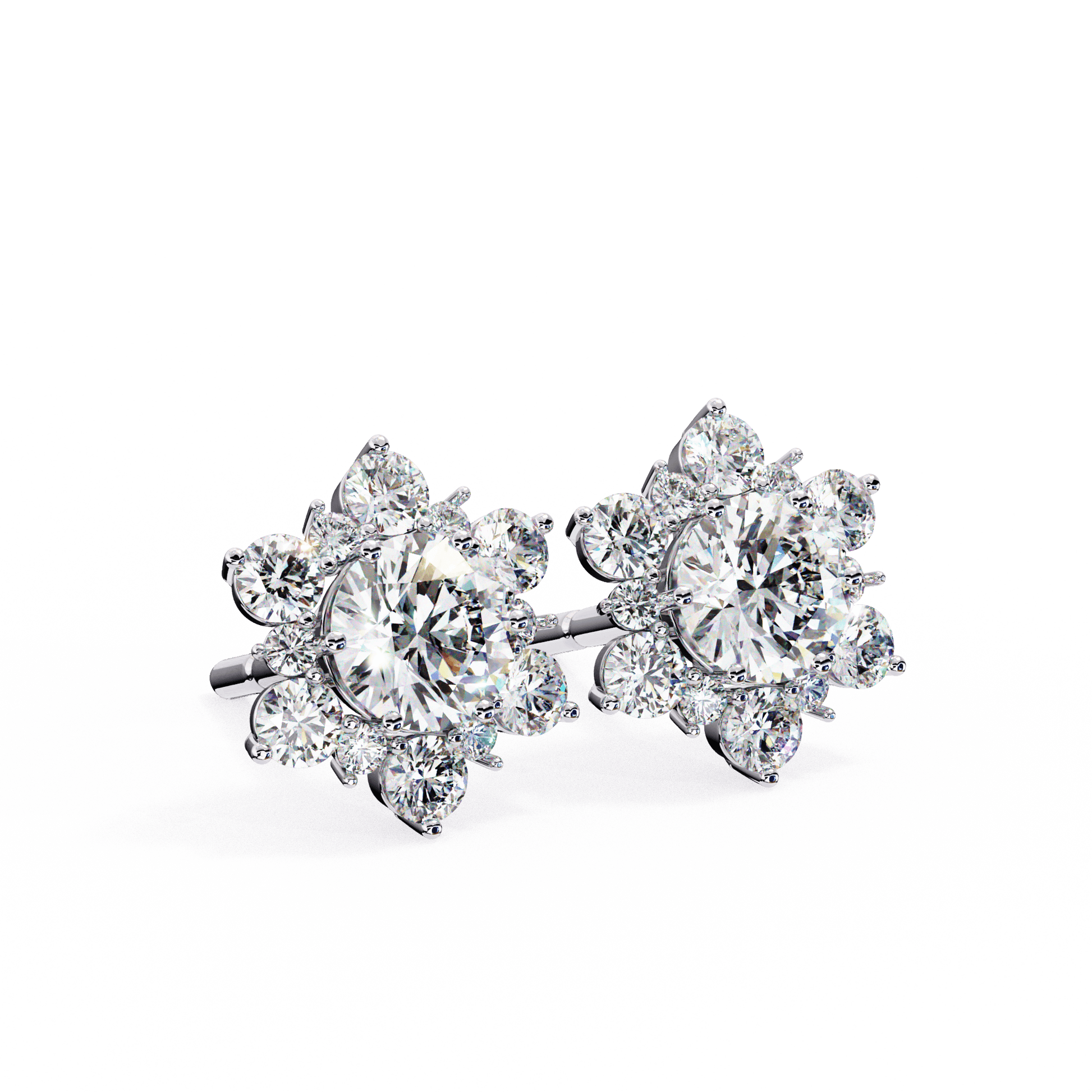 Round diamond floral halo stud earrings by Carat House Dubai featuring snow-inspired design and sparkling gemstone accents.