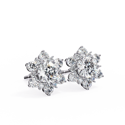 Snow- Round Diamond Floral Halo Stud Earrings