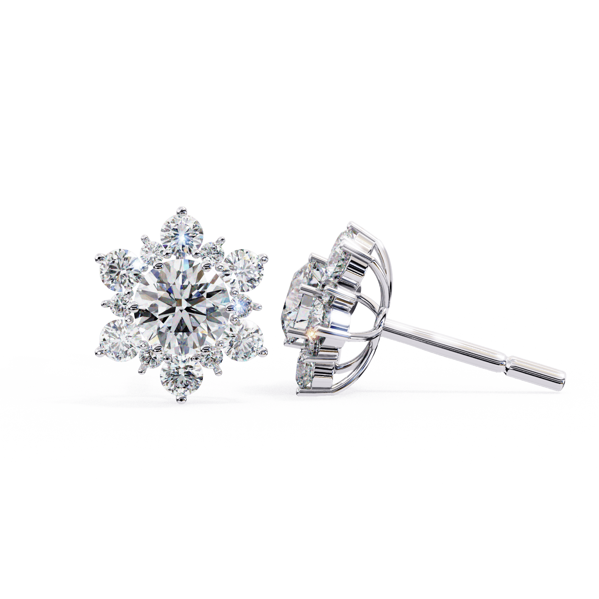 Carat House Dubai round diamond floral halo stud earrings with snow-inspired design and sparkling gemstone accents.