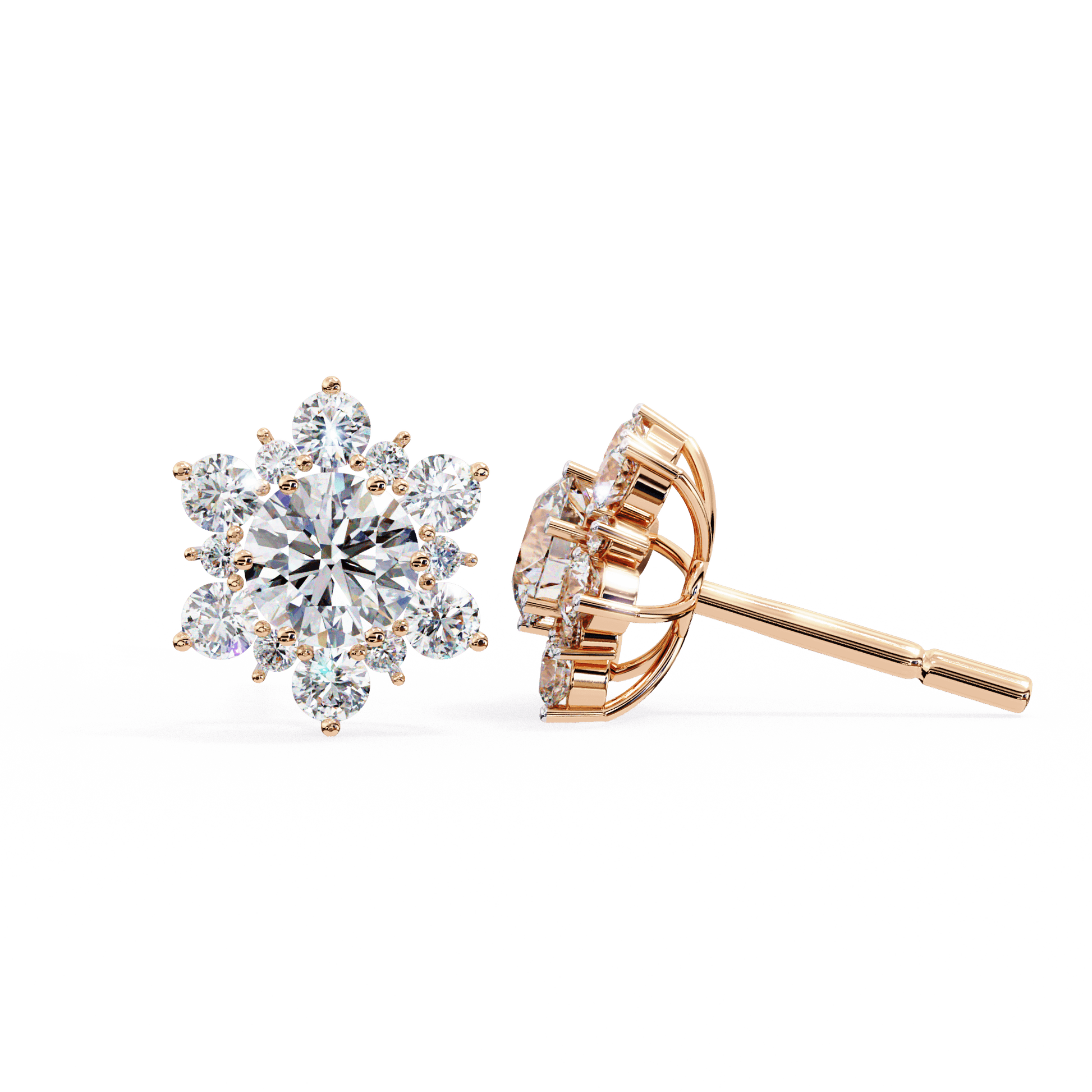 Round diamond floral halo stud earrings by Carat House Dubai featuring sparkling snow-inspired design and intricate floral details.