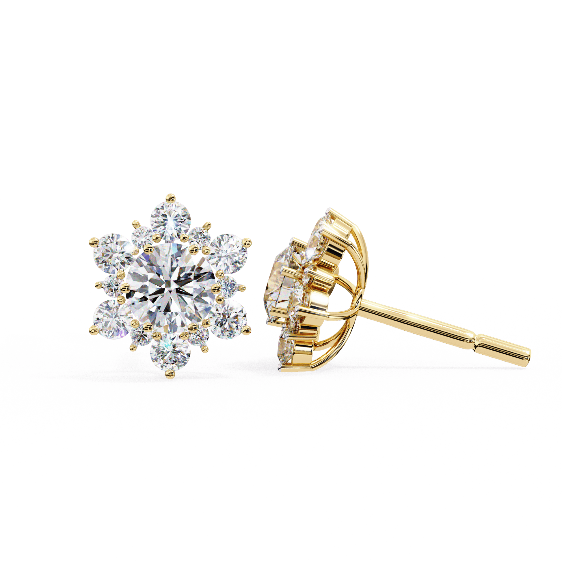 Round diamond floral halo stud earrings from Carat House Dubai, featuring sparkling snow-inspired design and intricate detailing.