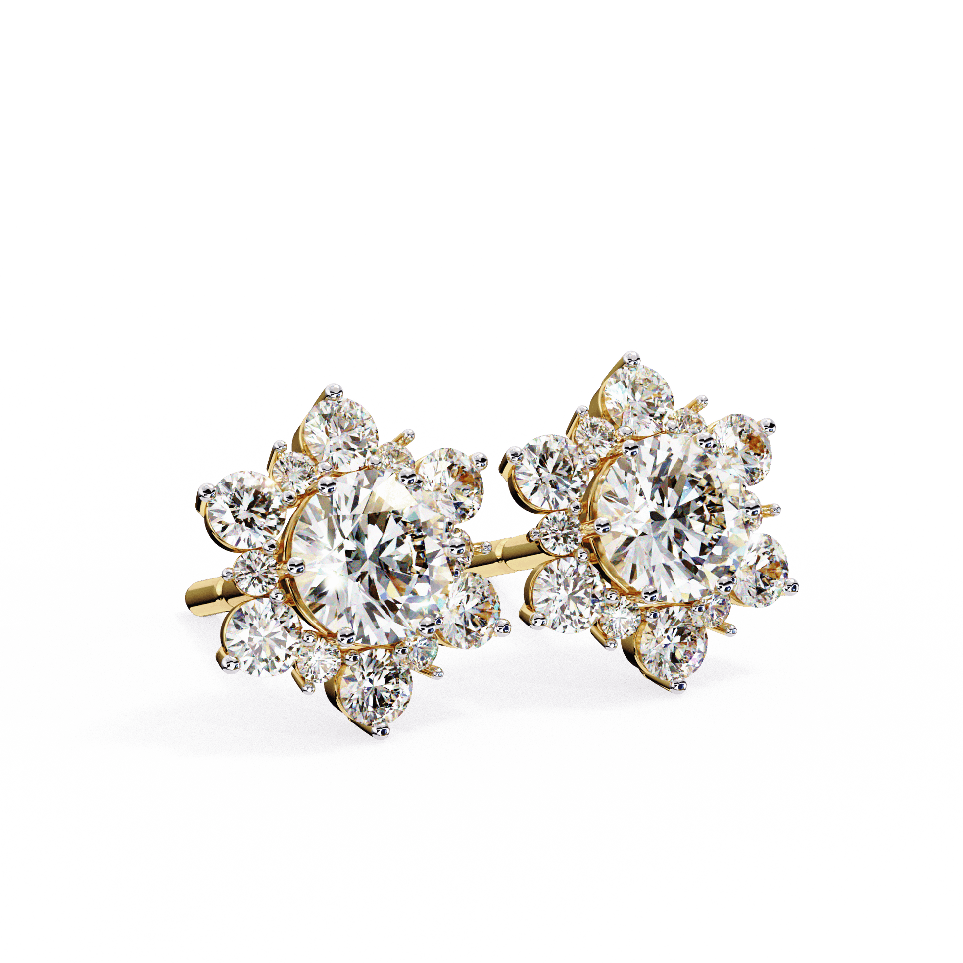 Round diamond floral halo stud earrings by Carat House Dubai featuring snow-inspired design and sparkling gemstone accents.