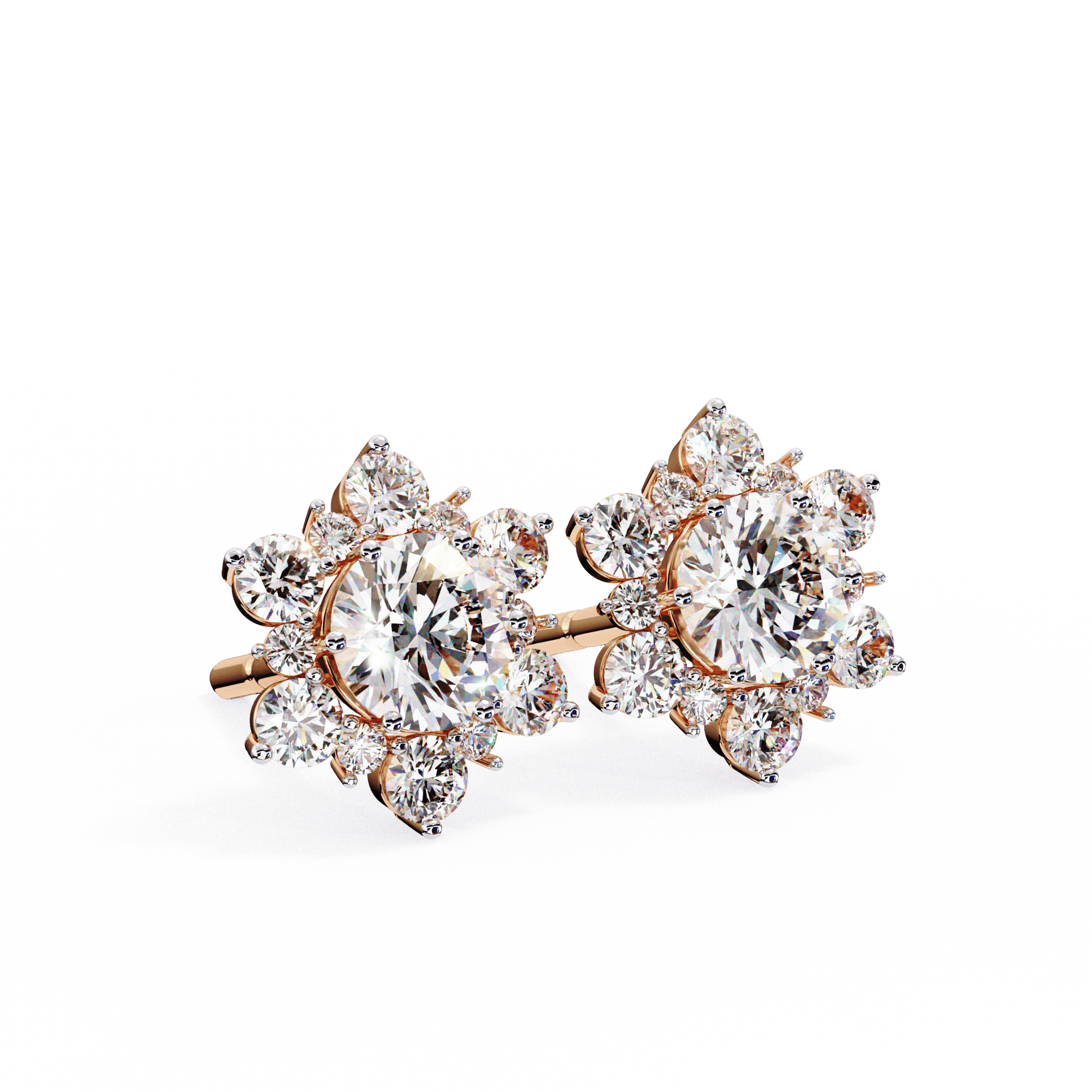 Round diamond floral halo stud earrings by Carat House Dubai featuring snow-inspired design and sparkling gemstones.