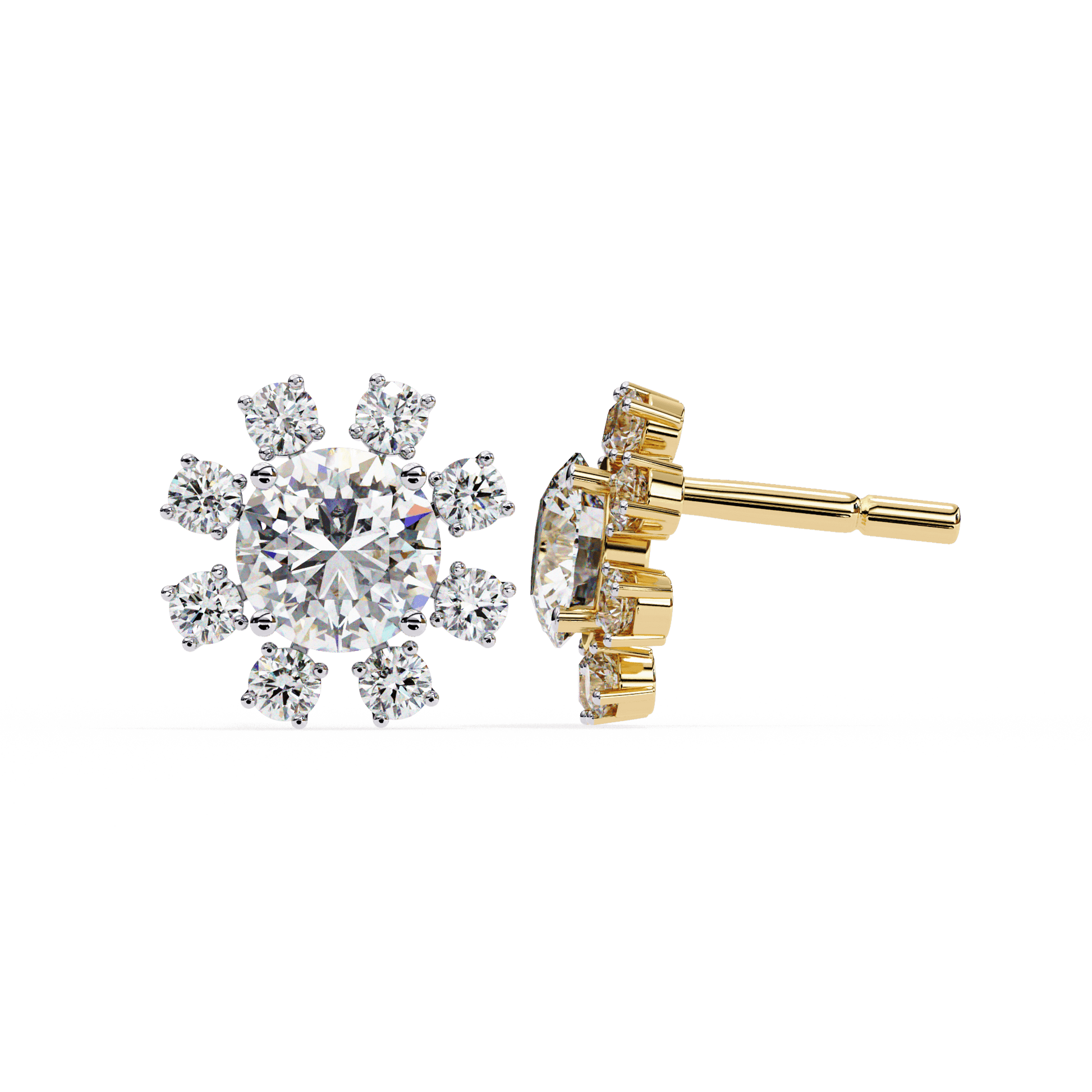 Round diamond cluster stud earrings by Carat House Dubai featuring sparkling diamond accents in a sleek, elegant design.