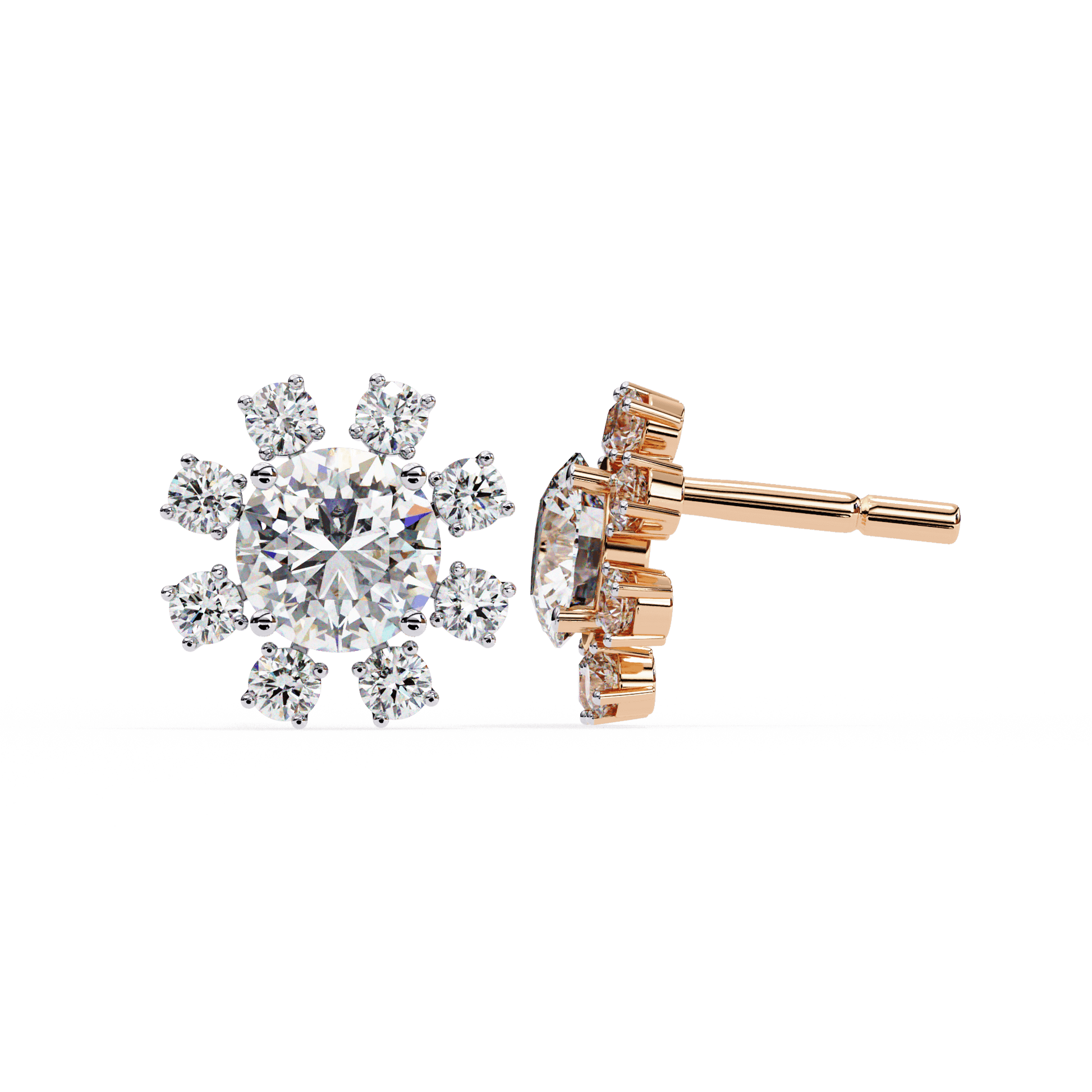 Round diamond cluster stud earrings from Carat House Dubai's Sierra collection, showcase sparkling diamond accents in a classic setting.