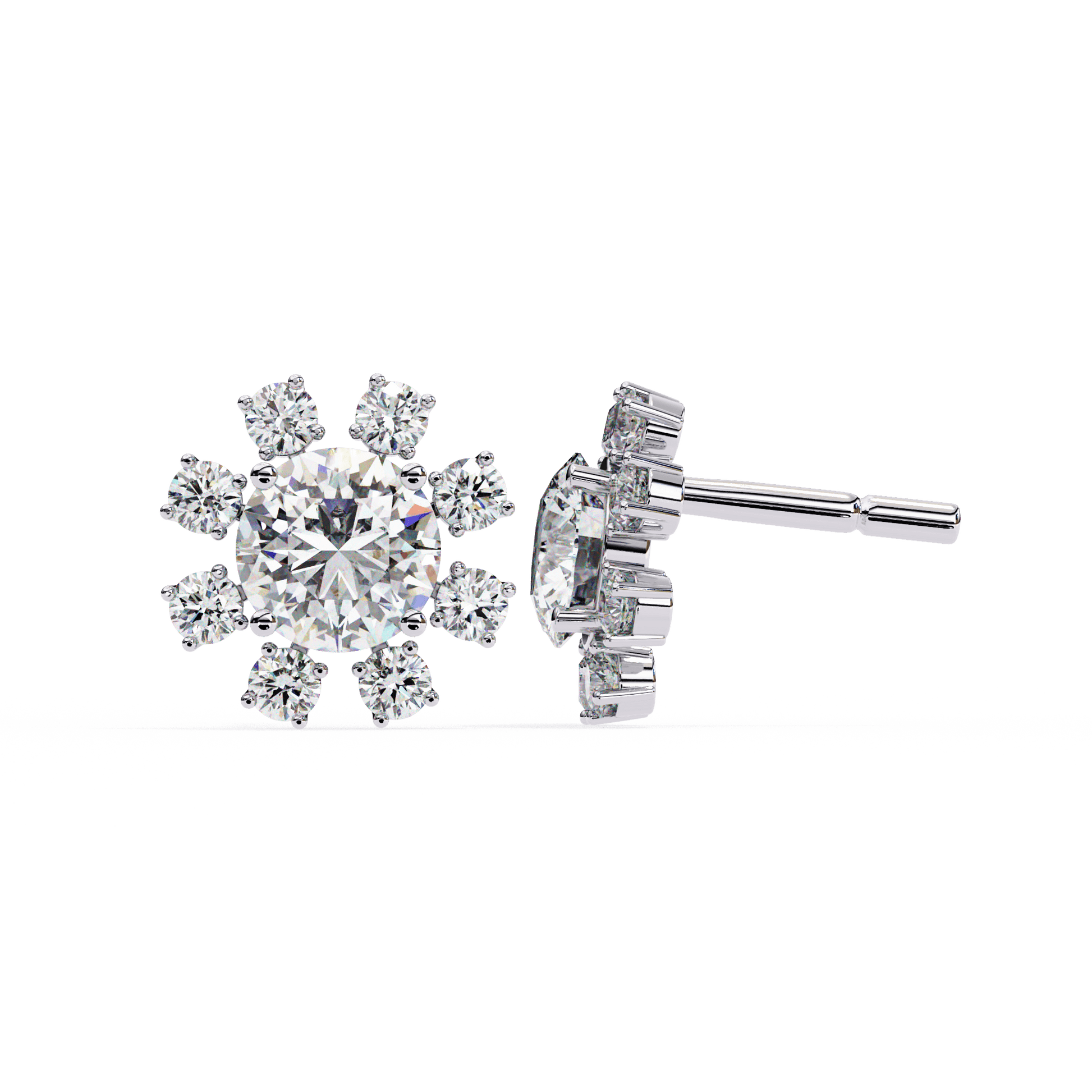 Round diamond cluster stud earrings by Carat House Dubai featuring sparkling diamonds set in a sleek silver finish.