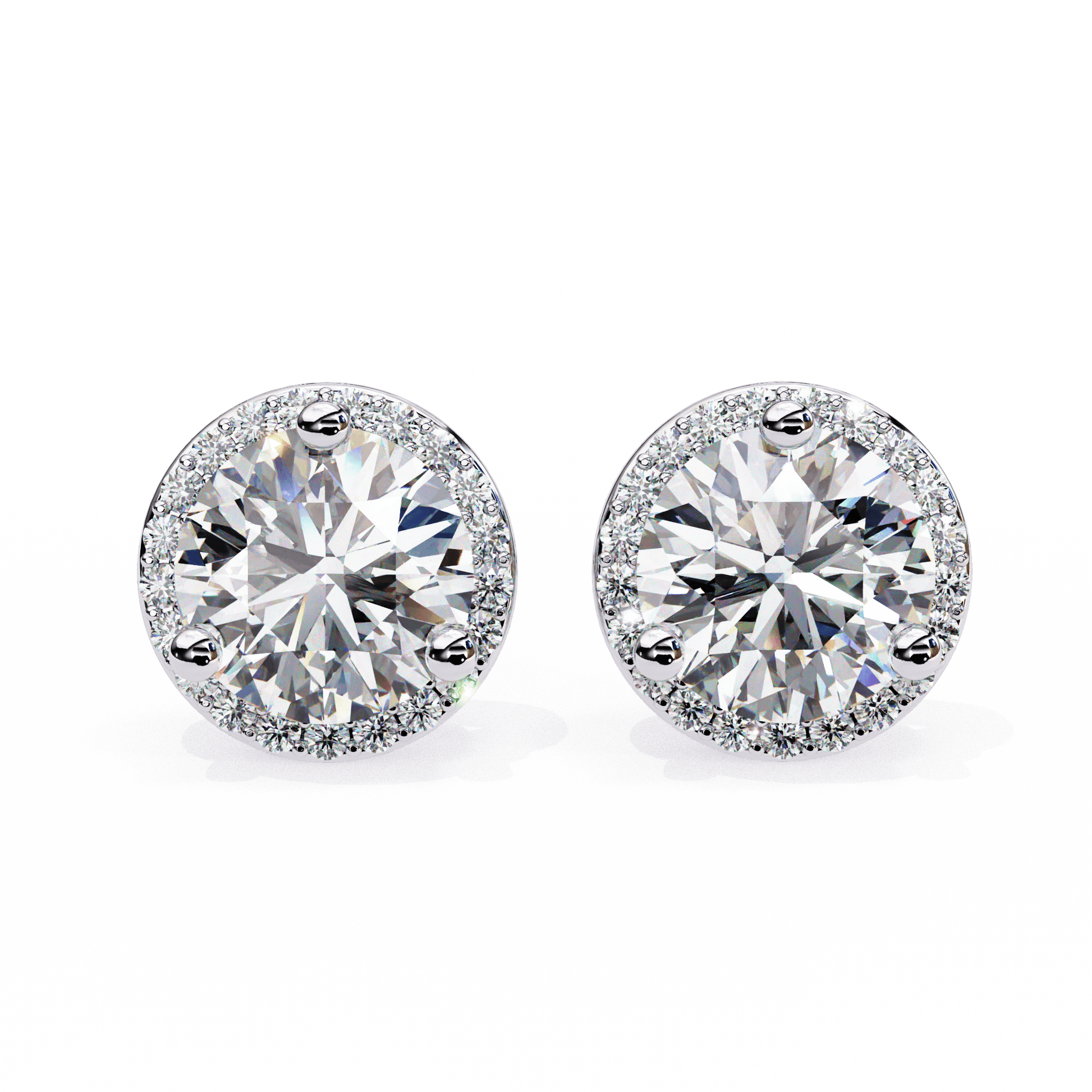 Tahani – Round-Cut Diamond Studs with Pavé Halo — diamond stud earrings — pave — lab grown diamond and natural diamond — 18k white gold and platinum — Carat House