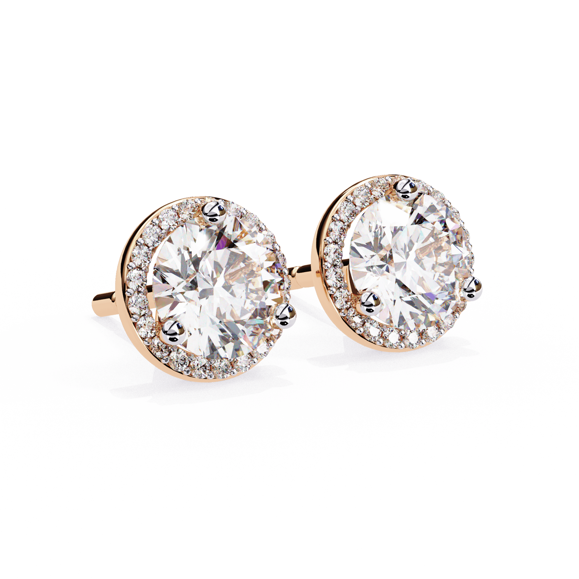 Round-cut diamond stud earrings with pavé halo design by Carat House Dubai, featuring sparkling diamonds and elegant craftsmanship.
