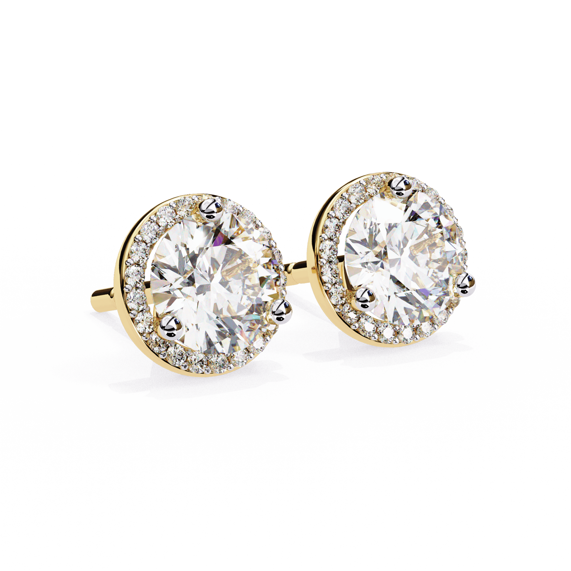 Round-cut diamond studs with pavé halo by Carat House Dubai, showcasing sparkling diamonds and elegant jewelry craftsmanship.