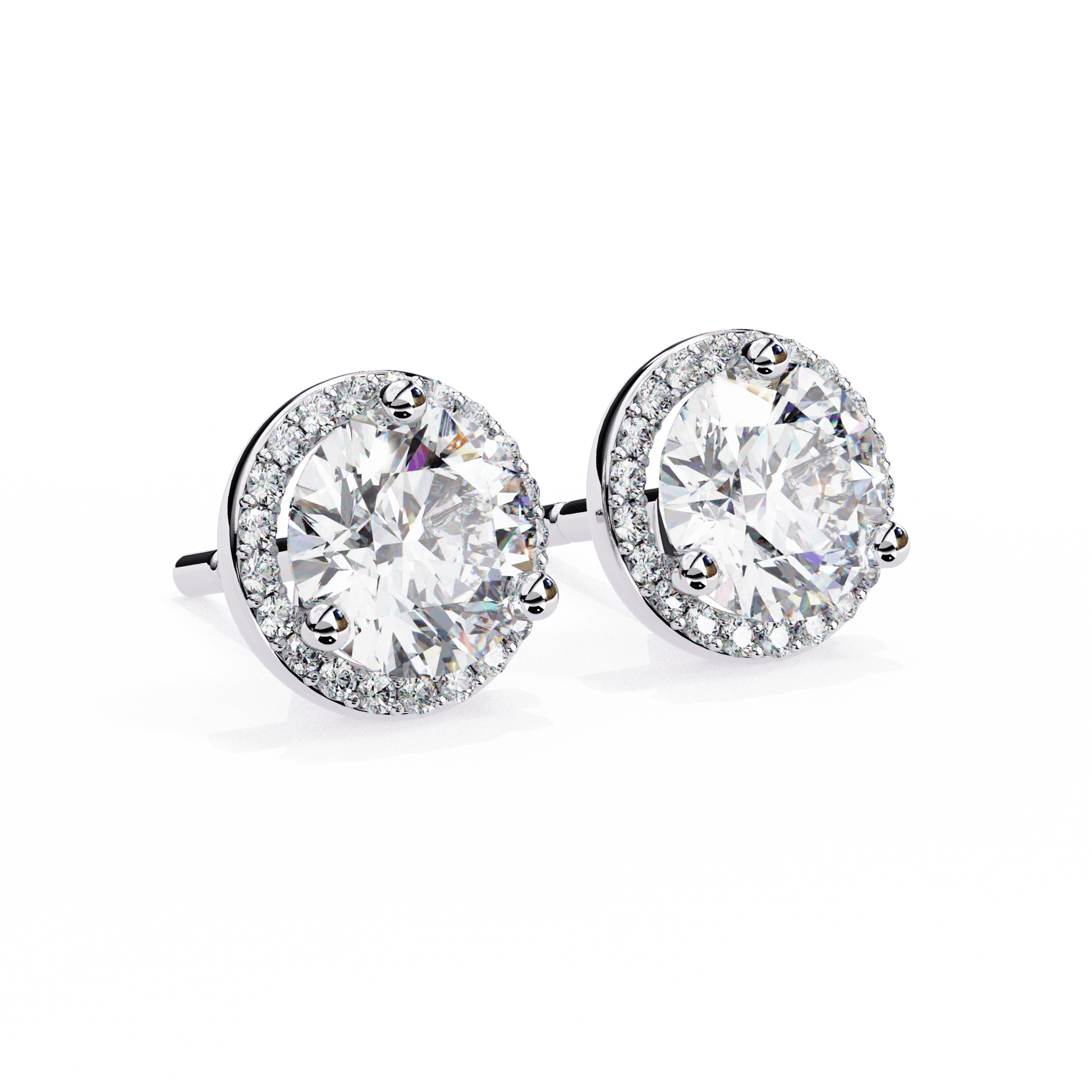Round-cut diamond stud earrings with pavé halo design by Carat House Dubai, showcasing sparkling diamonds and elegant craftsmanship.