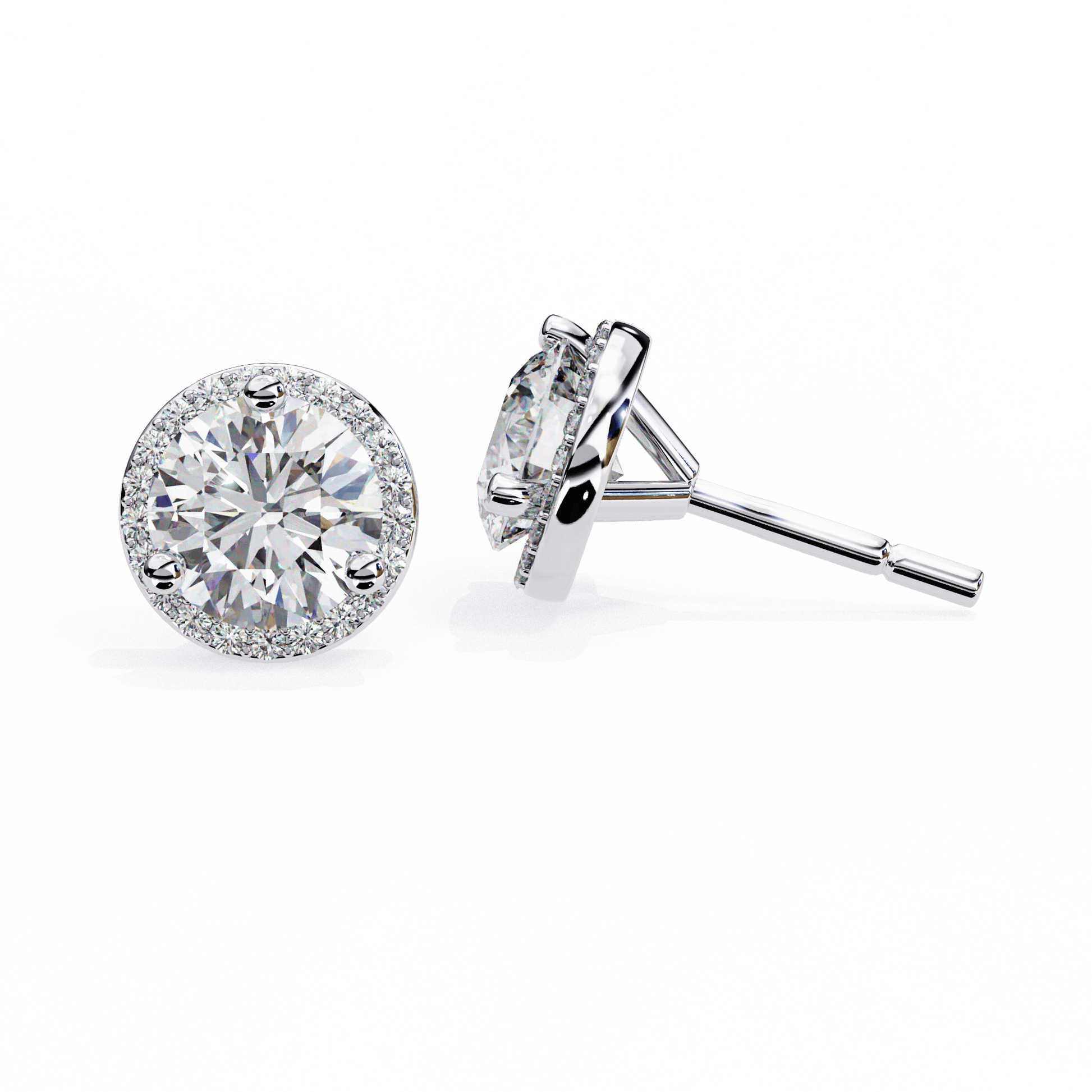 Round-cut diamond studs with pavé halo from Carat House Dubai, showcasing sparkling diamonds and elegant jewelry design.
