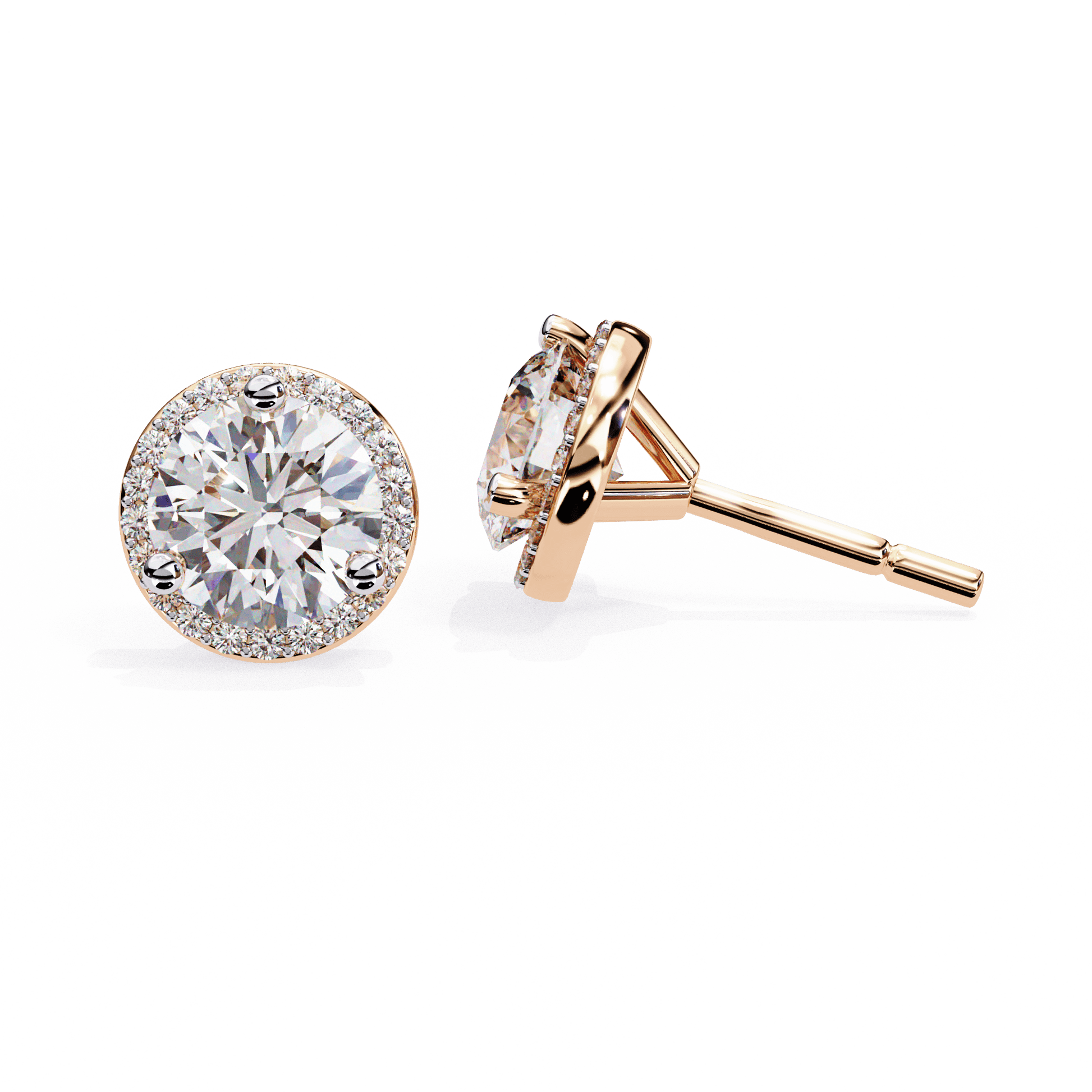 Round-cut diamond studs with pavé halo from Carat House Dubai, showcasing sparkling diamonds and elegant jewelry design.