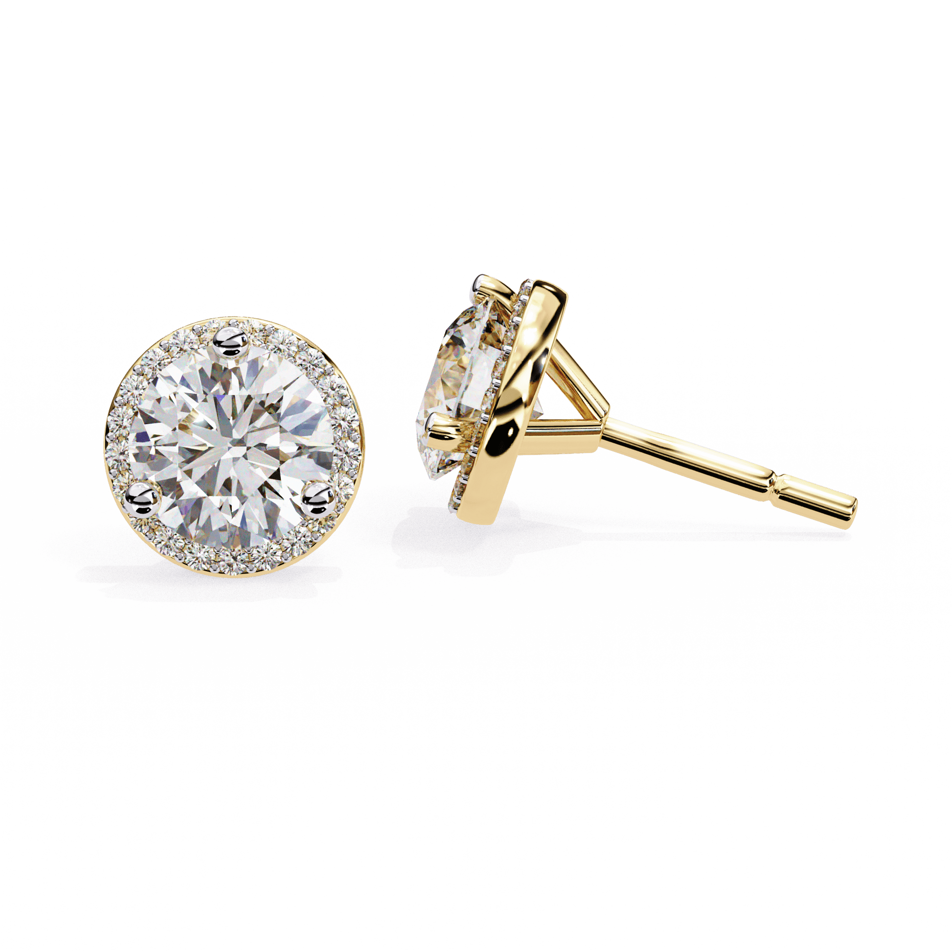 Round-cut diamond stud earrings with pavé halo, crafted by Carat House Dubai, showcasing sparkling diamond jewelry.