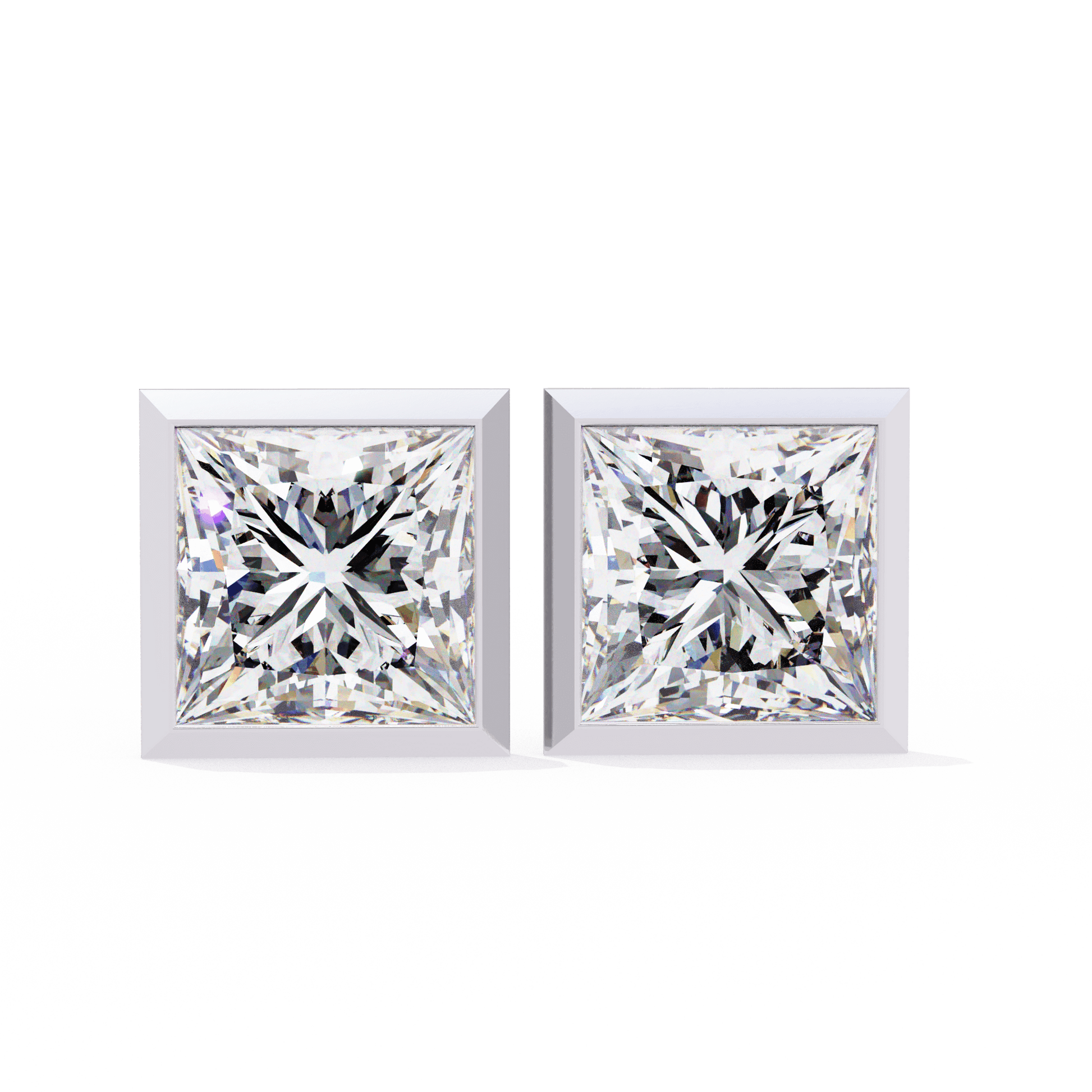 Alejandra– The Bezel Set Princess Stud — diamond stud earrings — bezel set — lab grown diamond and natural diamond — 18k white gold and platinum — Carat House