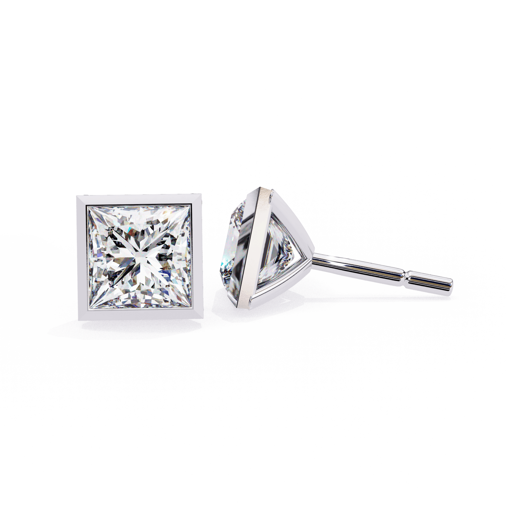 Alejandra bezel set princess stud earrings by Carat House Dubai featuring sparkling clear gemstones in a classic design.