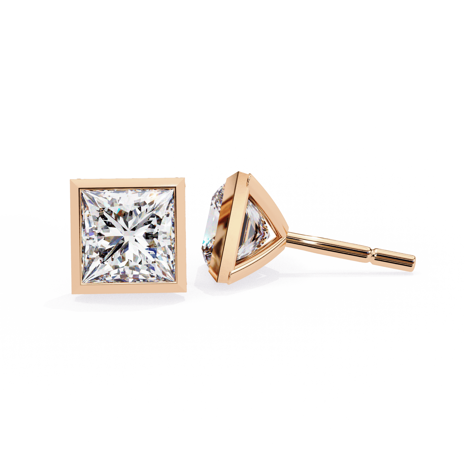 Alejandra bezel set princess diamond stud earrings by Carat House Dubai, featuring sparkling square-cut gemstones.