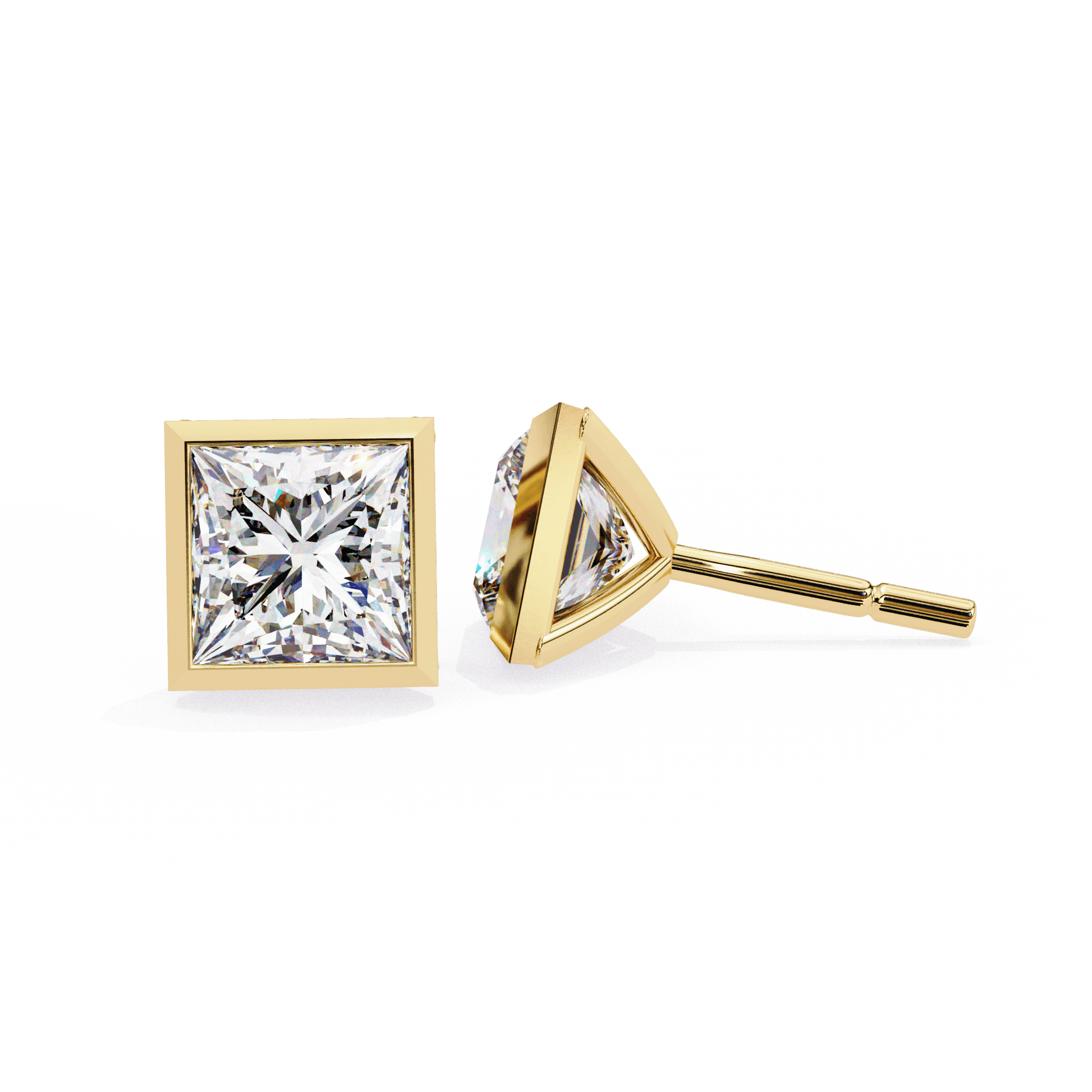 Alejandra Carat House Dubai bezel set princess diamond stud earrings with sparkling gemstones and sleek metal setting.