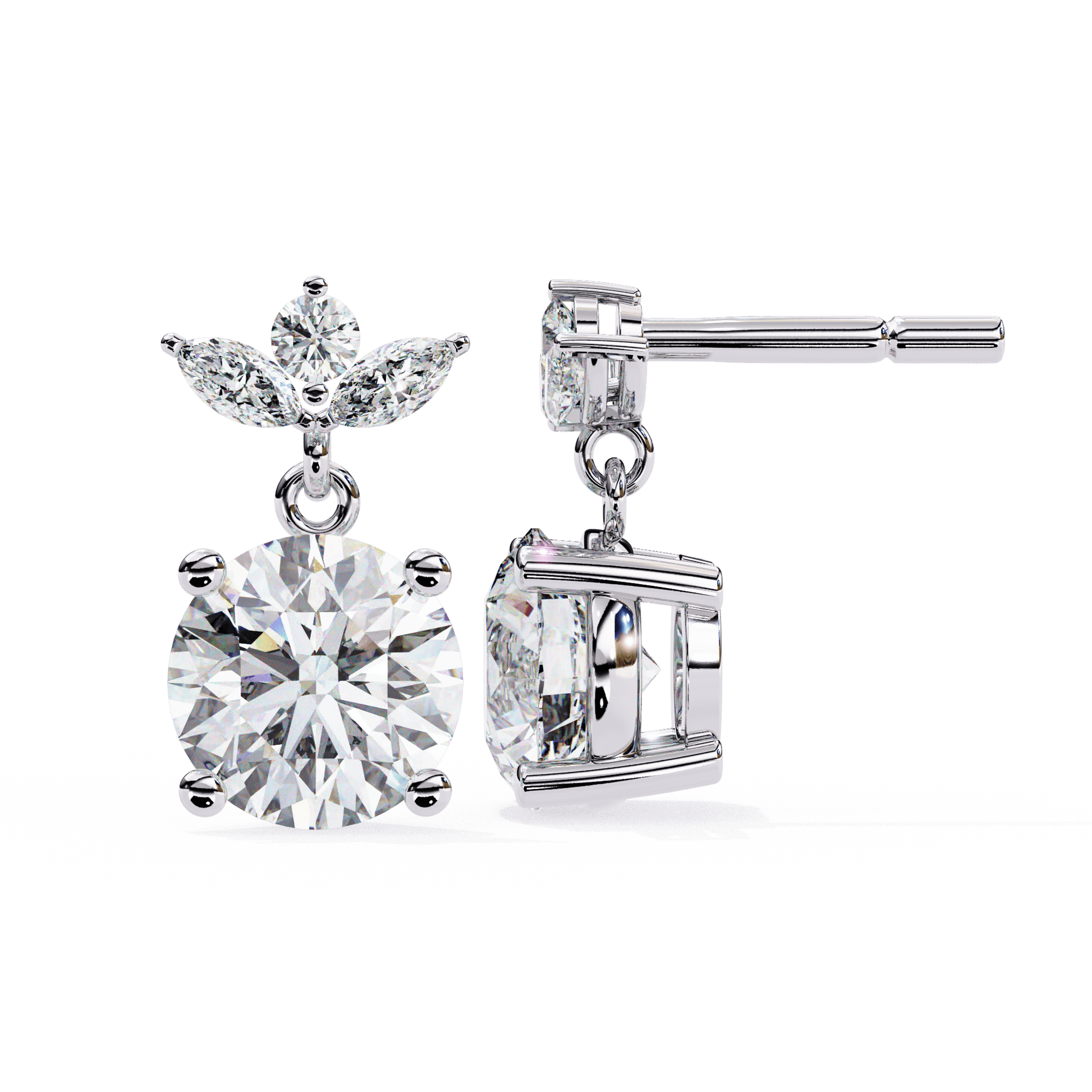 Priscilla – Marquise & Round Diamond Drop Studs — diamond drop earrings — cluster — lab grown diamond — 18k white gold and platinum — Carat House