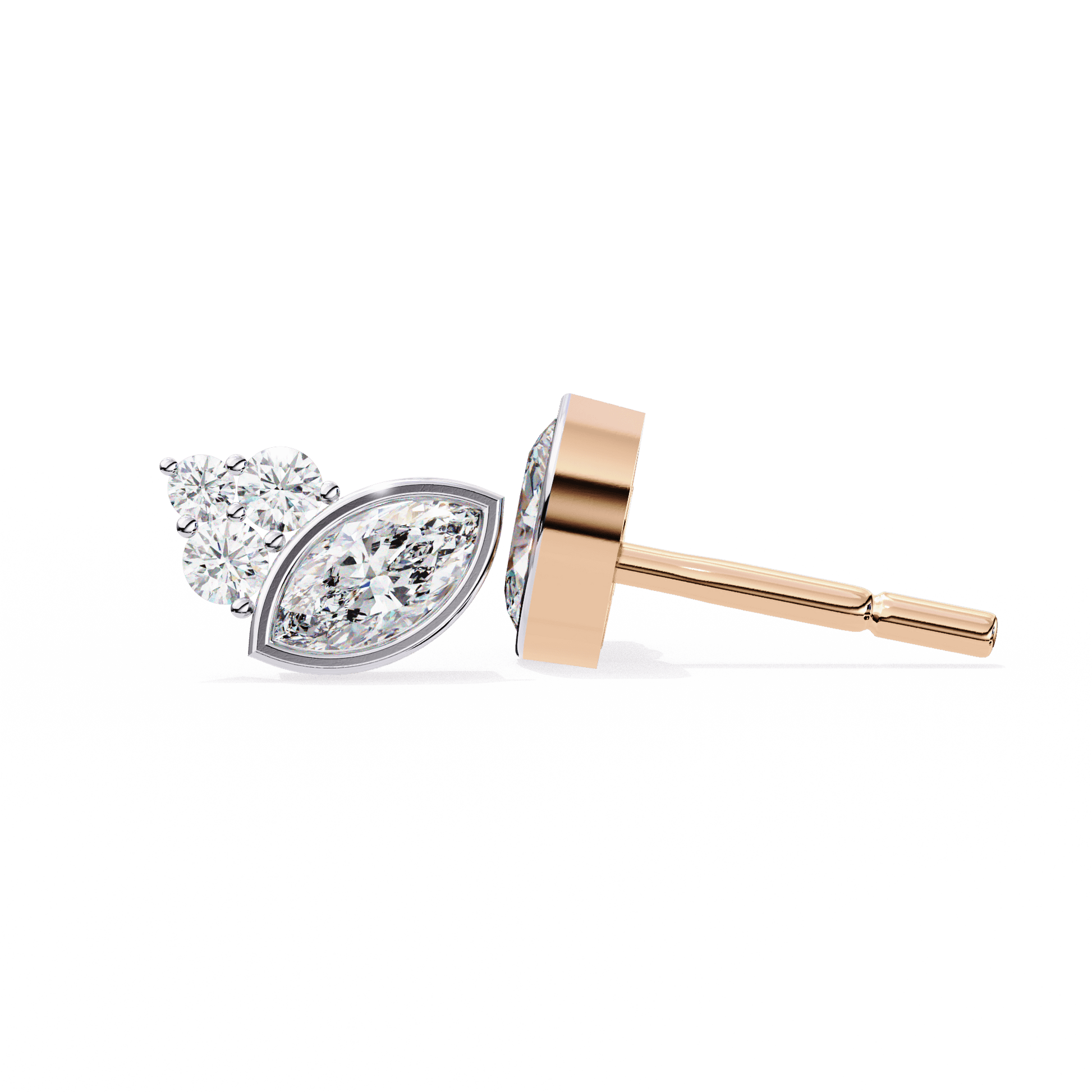 Carat House Dubai Shari diamond stud earrings with marquise and round cut diamonds, showcasing elegant jewelry design.