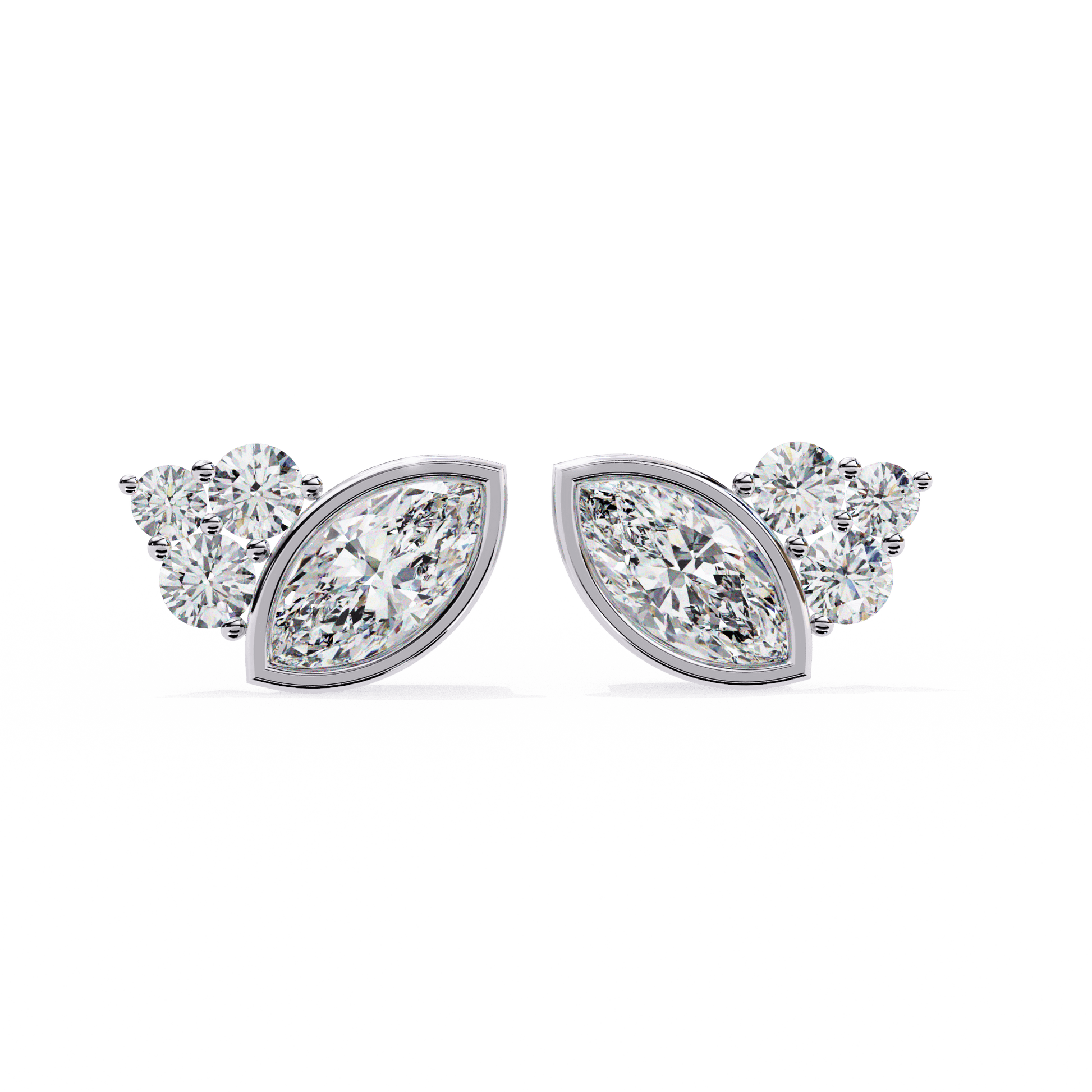 Carat House Dubai Shari marquise and round diamond studs with sparkling diamonds on a white background.