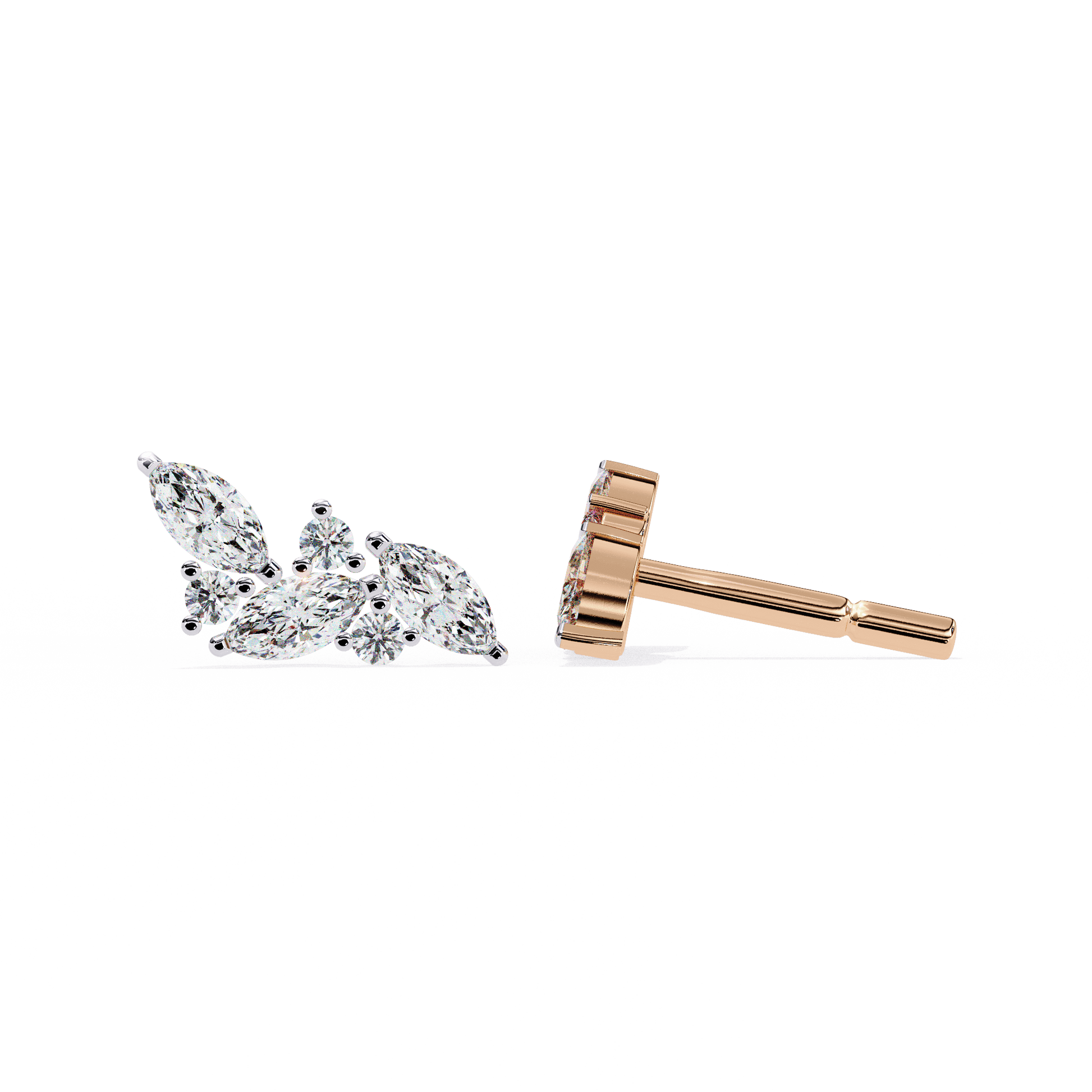 Carat House Dubai Sakina diamond feather stud earrings featuring marquise and round cut diamonds on silver settings