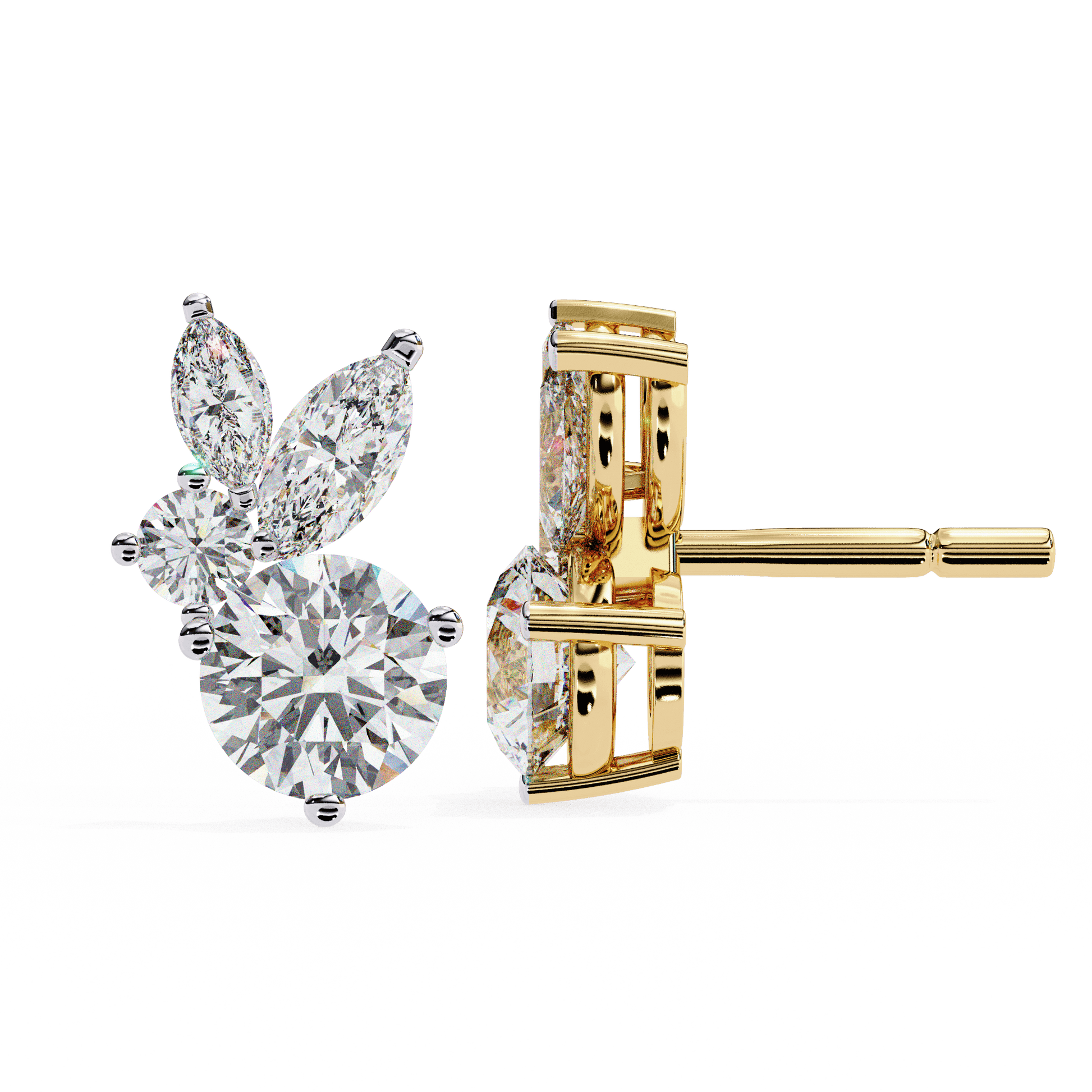 Carat House Dubai Saria diamond stud earrings featuring marquise and round cut diamonds on a sleek stud setting.