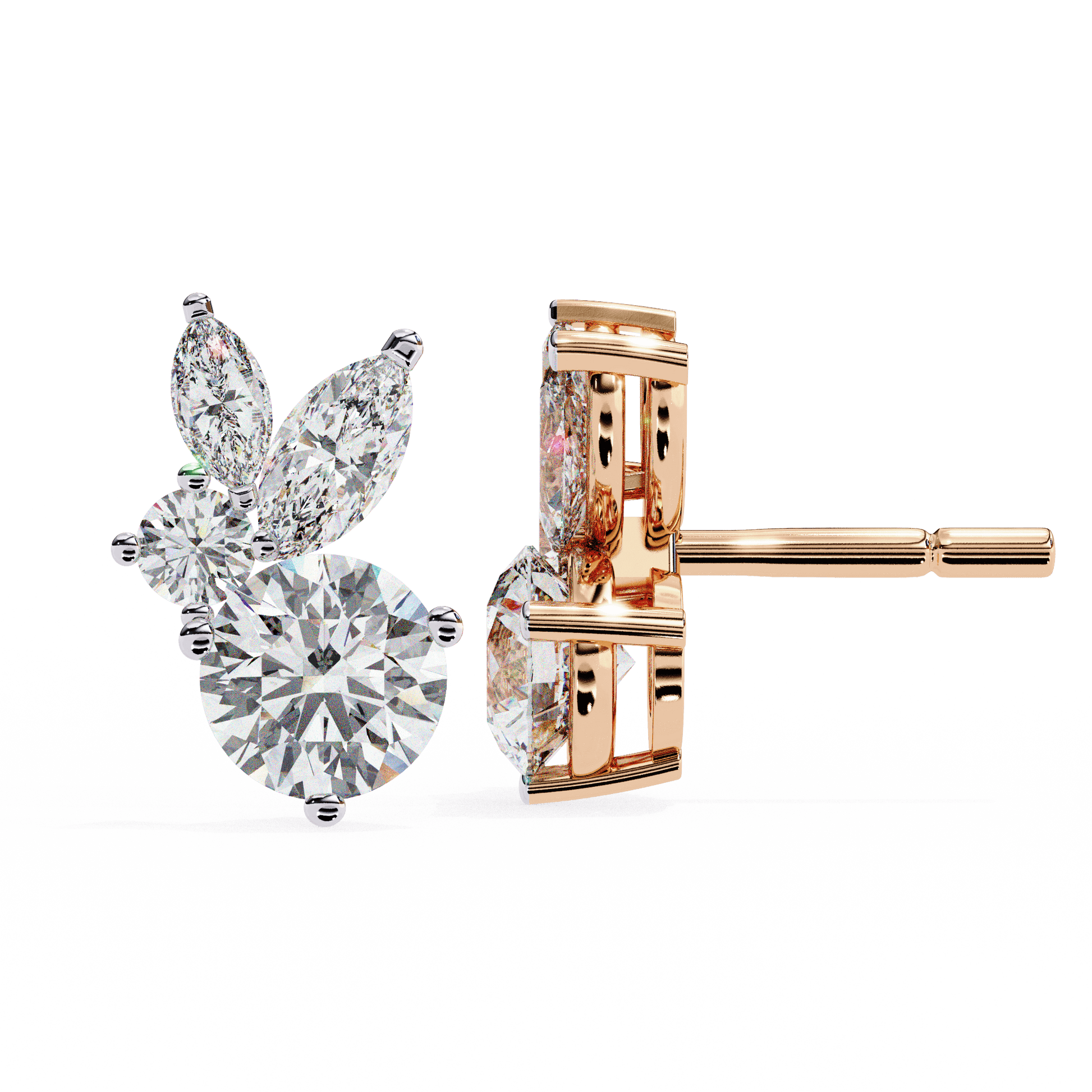 Carat House Dubai Saria diamond stud earrings featuring marquise and round-cut diamonds on a sleek setting.