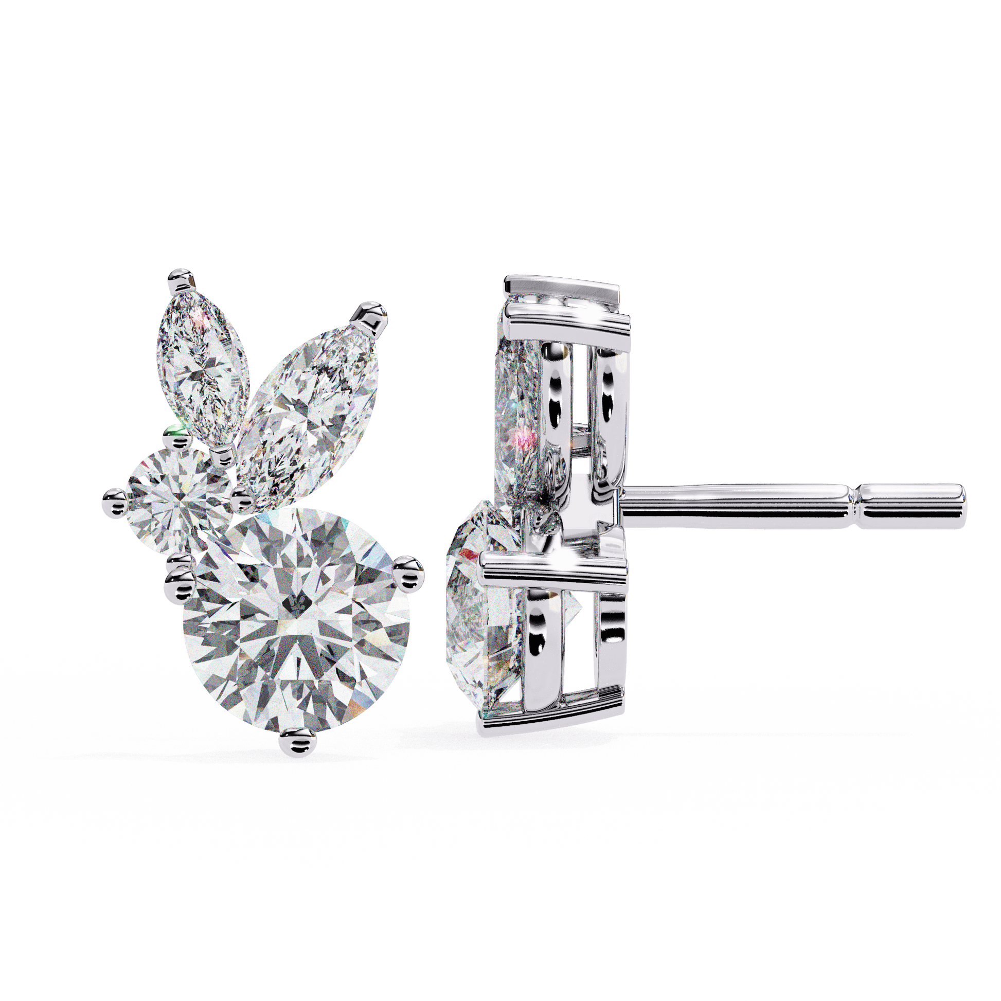 Carat House Dubai Saria diamond stud earrings with marquise and round cuts, featuring elegant sparkle and fine craftsmanship.